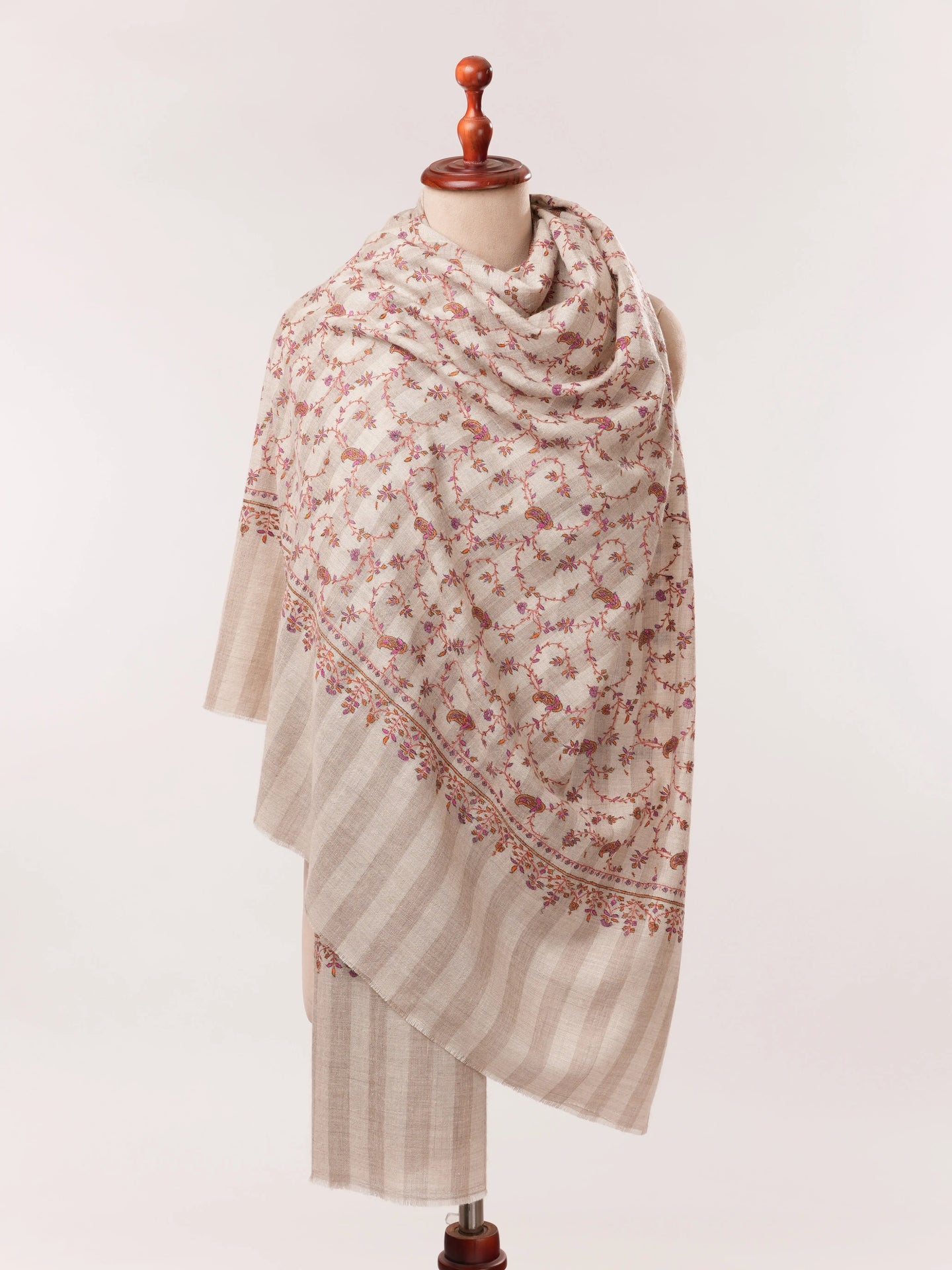 Natural White and Taupe Striped Hand Embroidered Pashmina Shawl Shahkaar.com