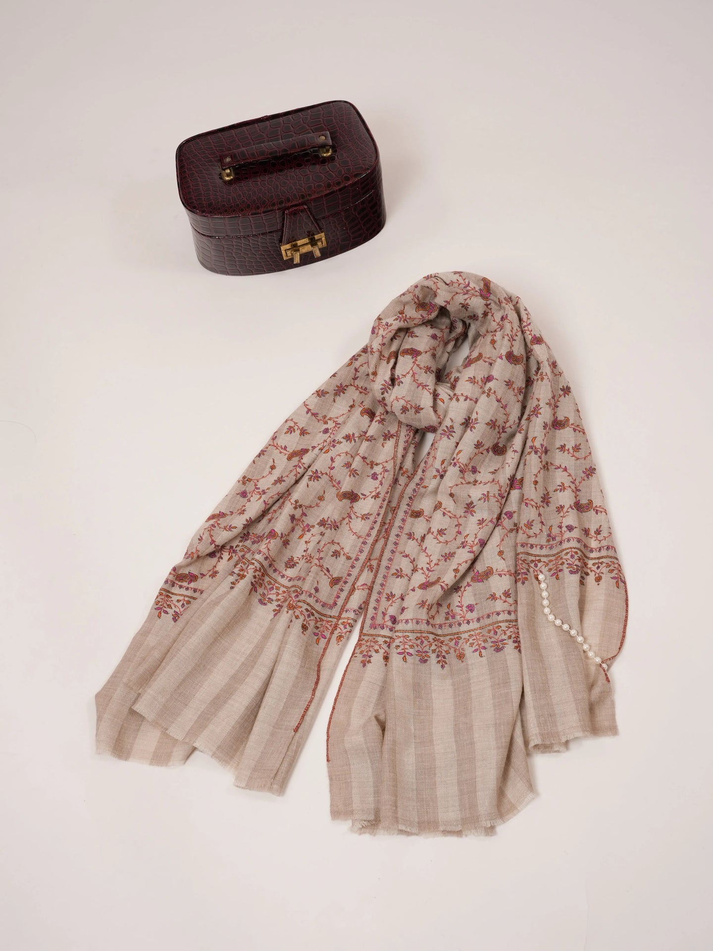Natural White and Taupe Striped Hand Embroidered Pashmina Shawl Shahkaar.com