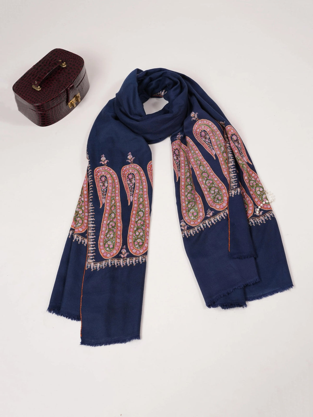 Overrsized Dark Blue Pashmina Shawl with Paisley Palldar Embroidery