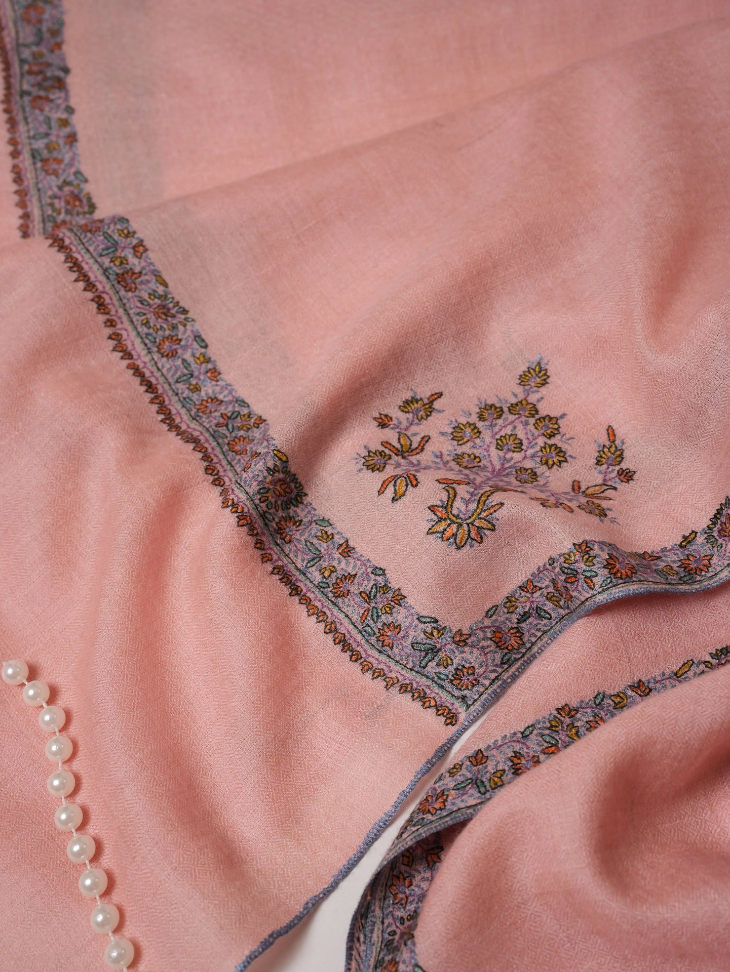 Baby Pink Pashmina Shawl with Hashia Hand Embroidery Shahkaar.com