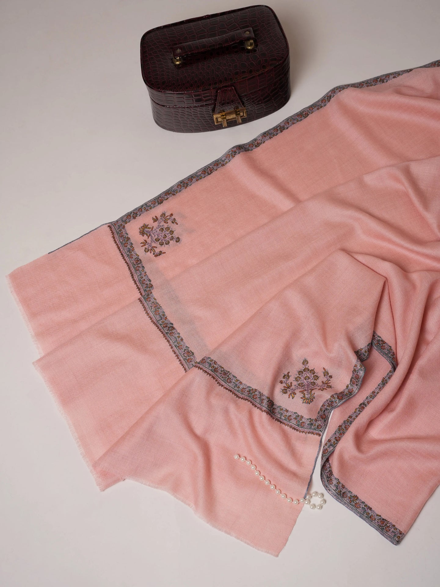 Baby Pink Pashmina Shawl with Hashia Hand Embroidery Shahkaar.com