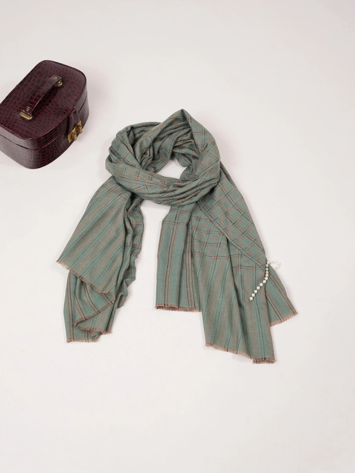 Ice Green Dual Shaded Handwoven Pashmina Shawl with Check Pattern