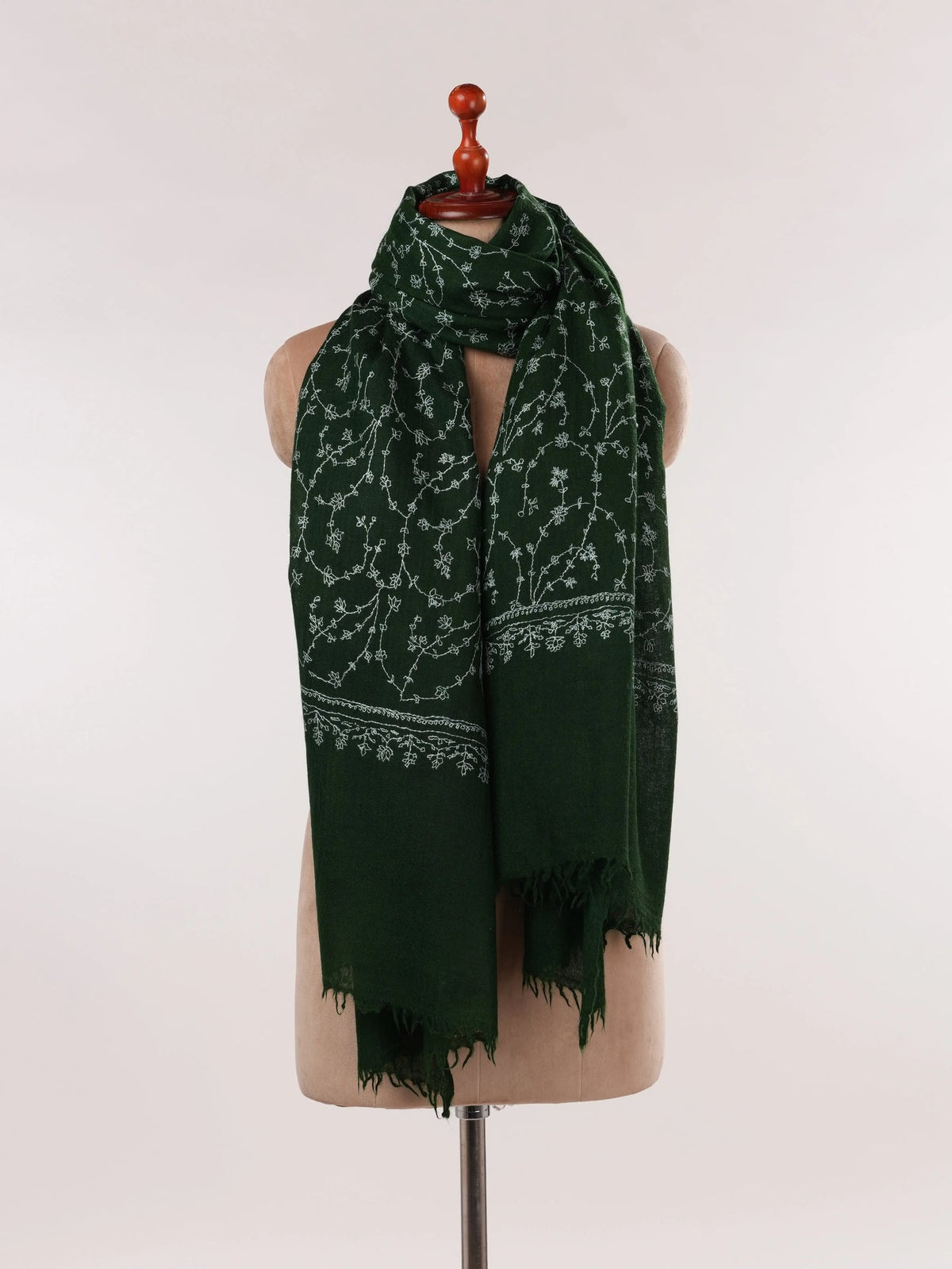 Dark Green Pure Boiled Wool Shawl with Jali Hand Sozni Embroidery Shahkaar.com