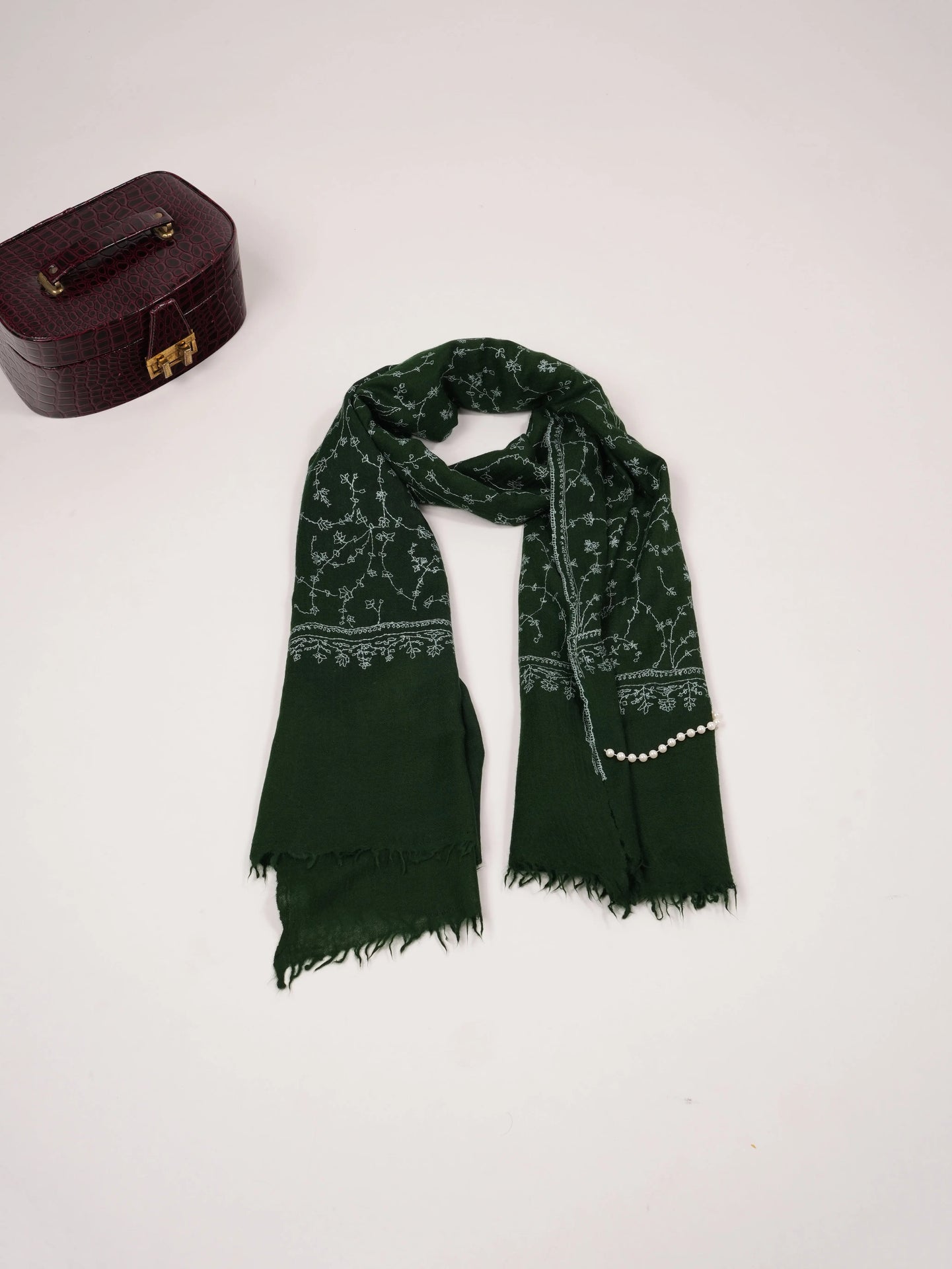 Dark Green Pure Boiled Wool Shawl with Jali Hand Sozni Embroidery Shahkaar.com