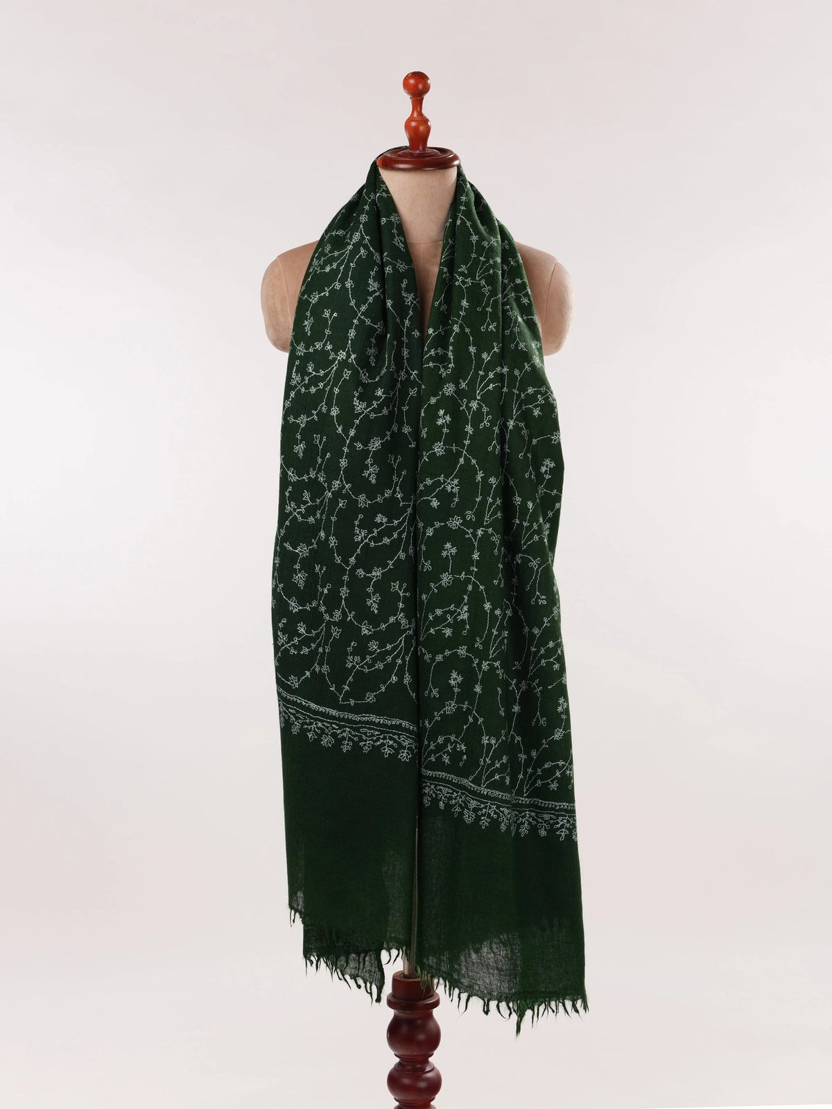 Dark Green Pure Boiled Wool Shawl with Jali Hand Sozni Embroidery Shahkaar.com