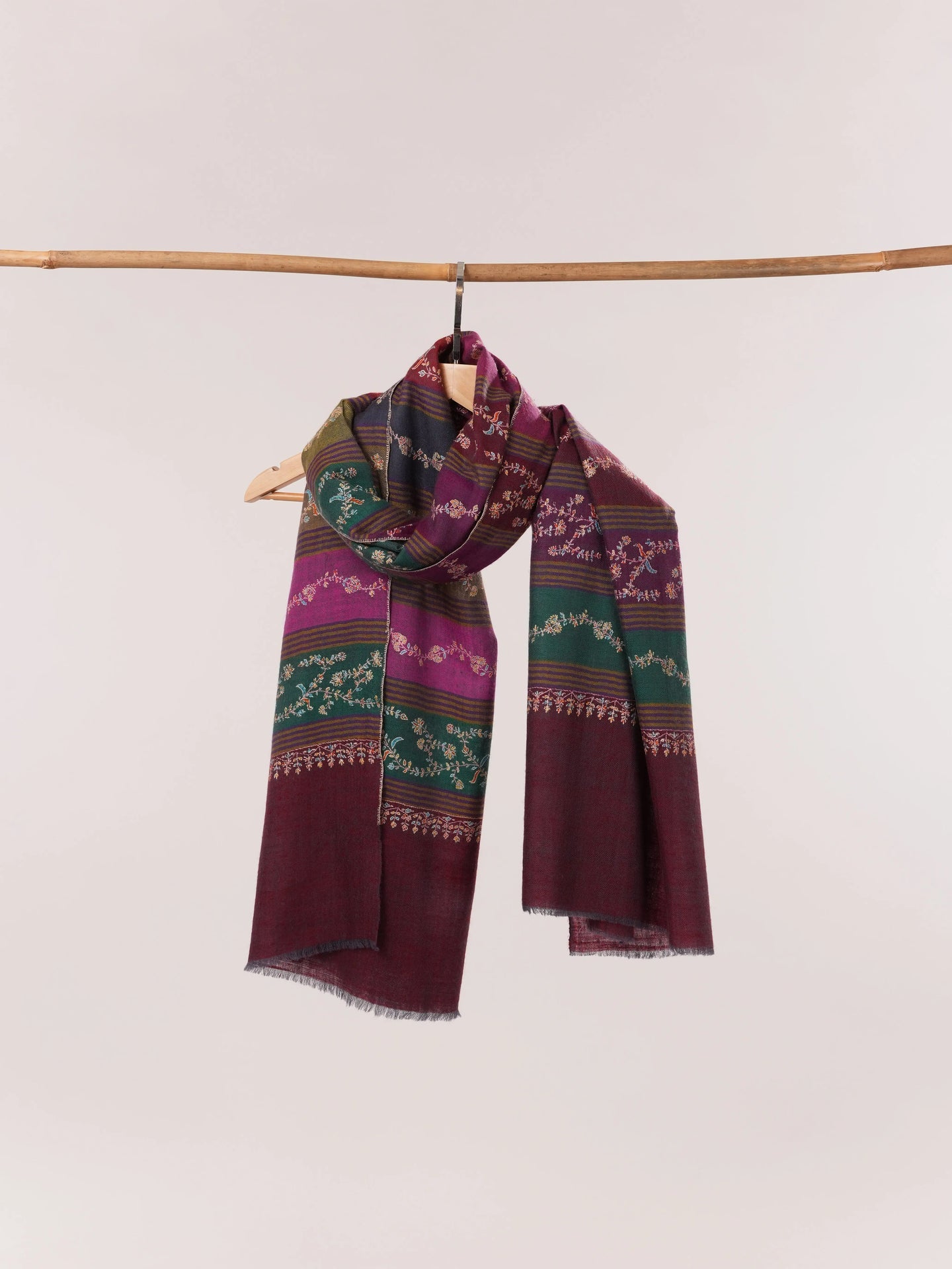 Featherlight Striped Hand Embroidered Authentic Pashmina Shawl Shahkaar.com