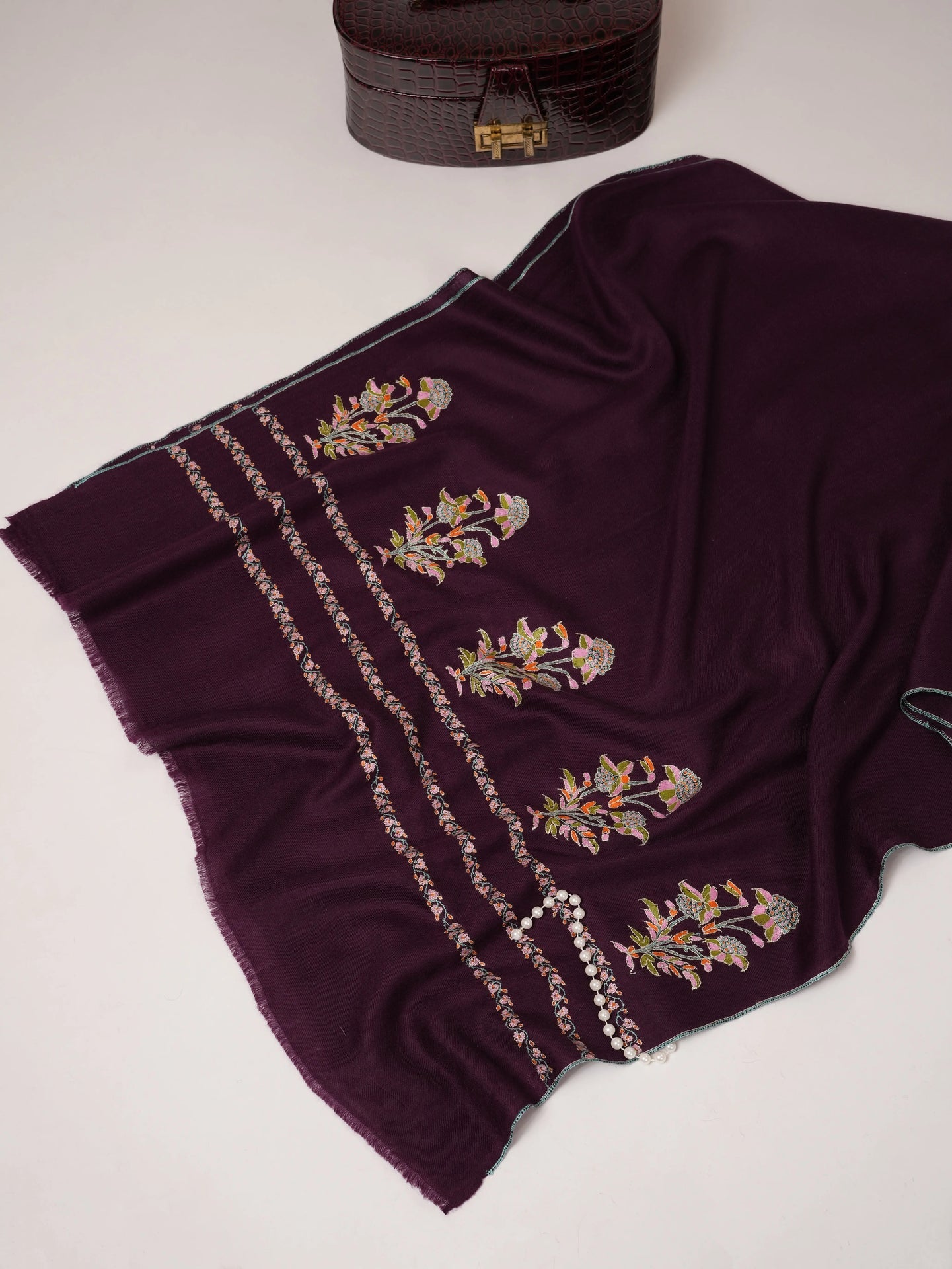 Wine Cashmere Scarf with Palla Sozni Mughal Hand Embroidery Shahkaar.com