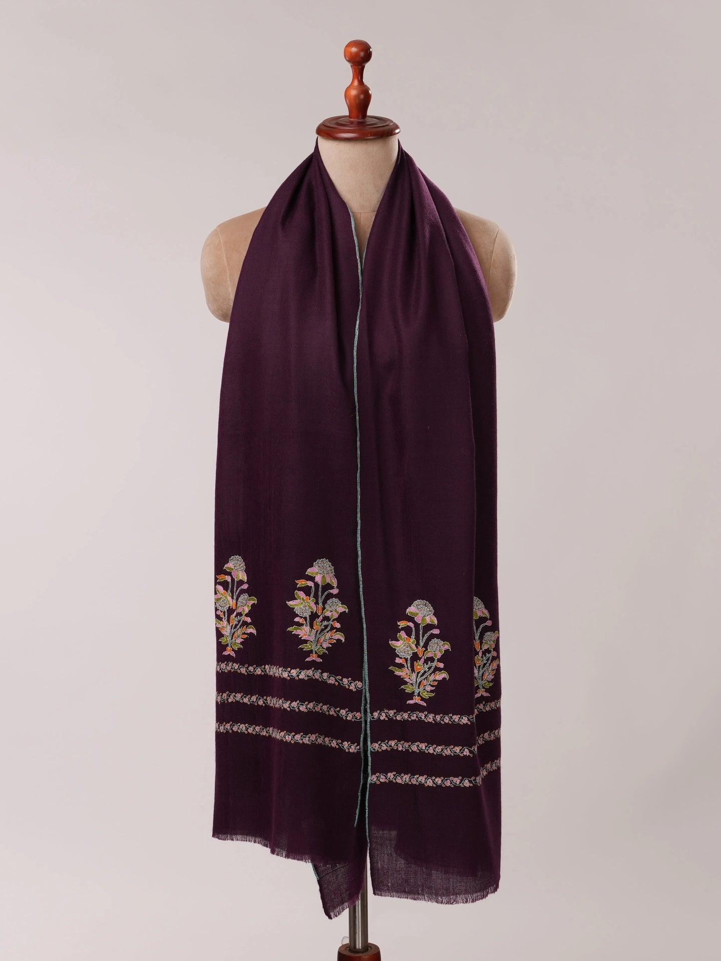 Wine Cashmere Scarf with Palla Sozni Mughal Hand Embroidery Shahkaar.com