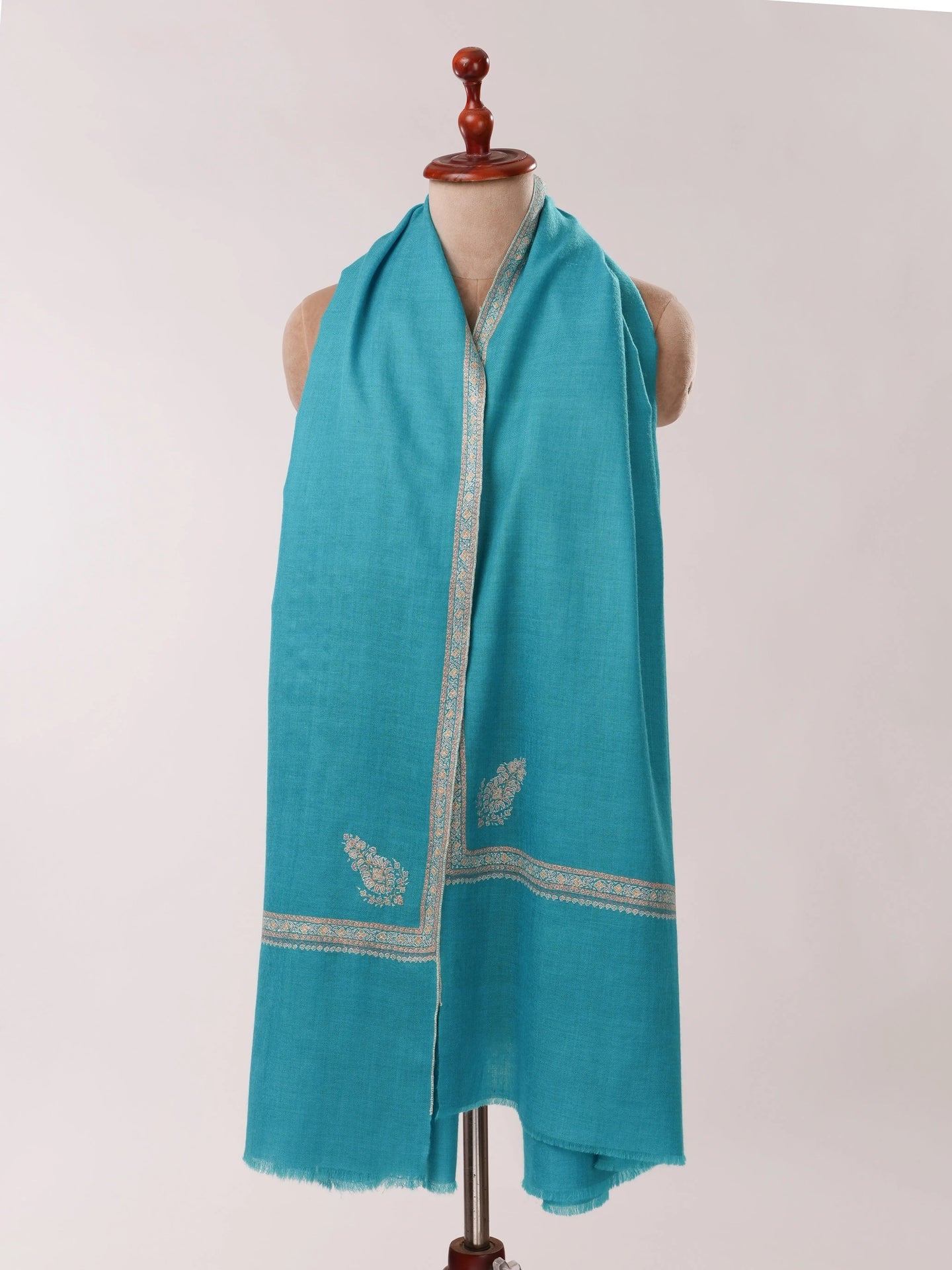 Turquoise Pashmina Shawl with Hashia Hand Embroidery Shahkaar.com
