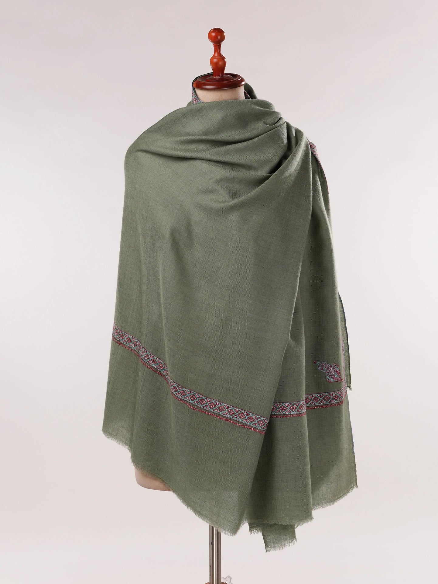 Green Handwoven Pashmina Shawl with Hashidar Hand Sozni Embroidery Shahkaar.com