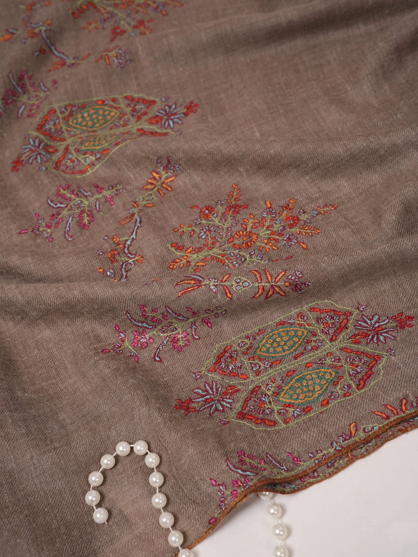 Natural Grey Pashmina Shawl with Sozni Palla Hand Embroidery Shahkaar.com