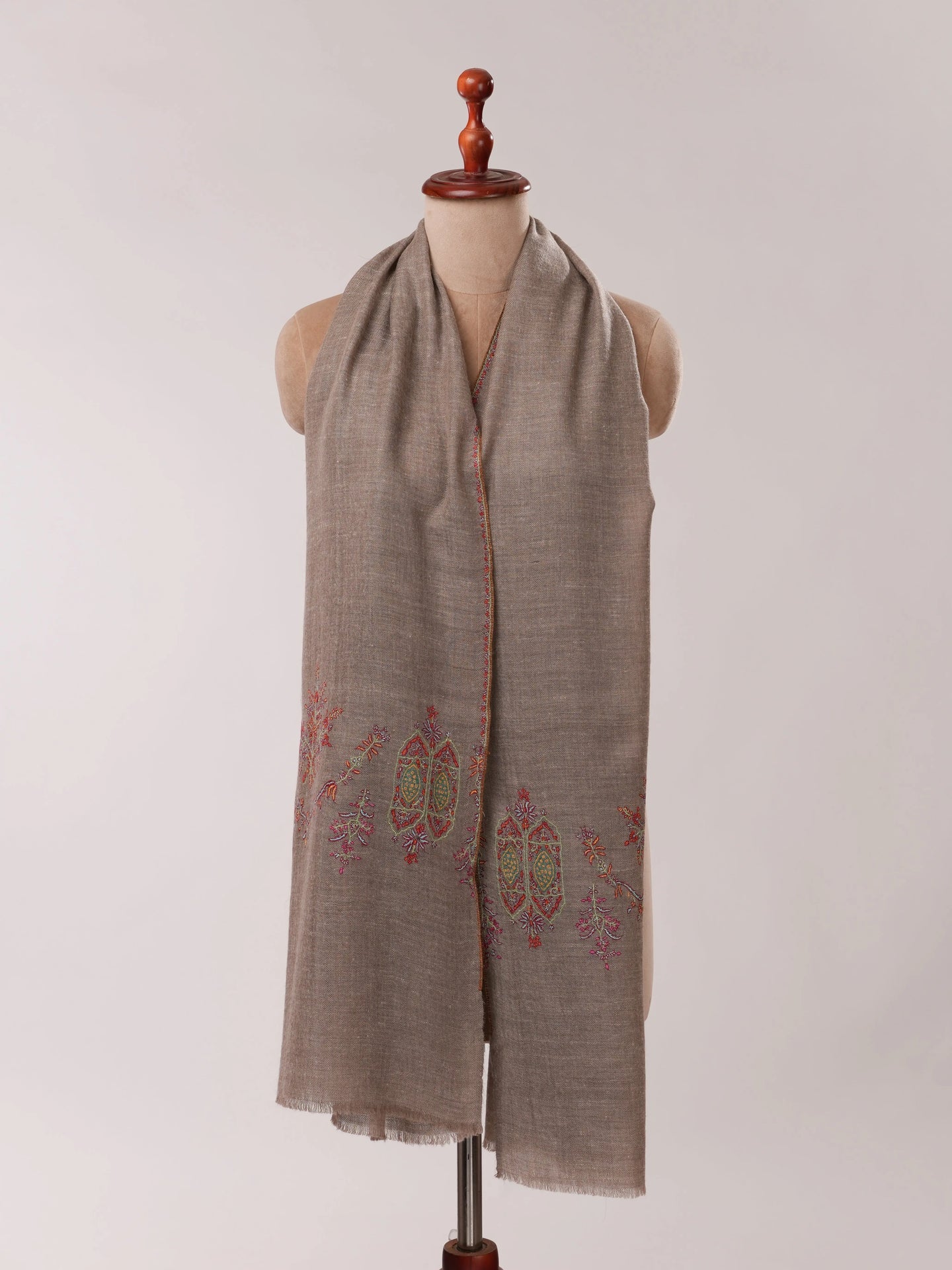 Natural Grey Pashmina Shawl with Sozni Palla Hand Embroidery Shahkaar.com