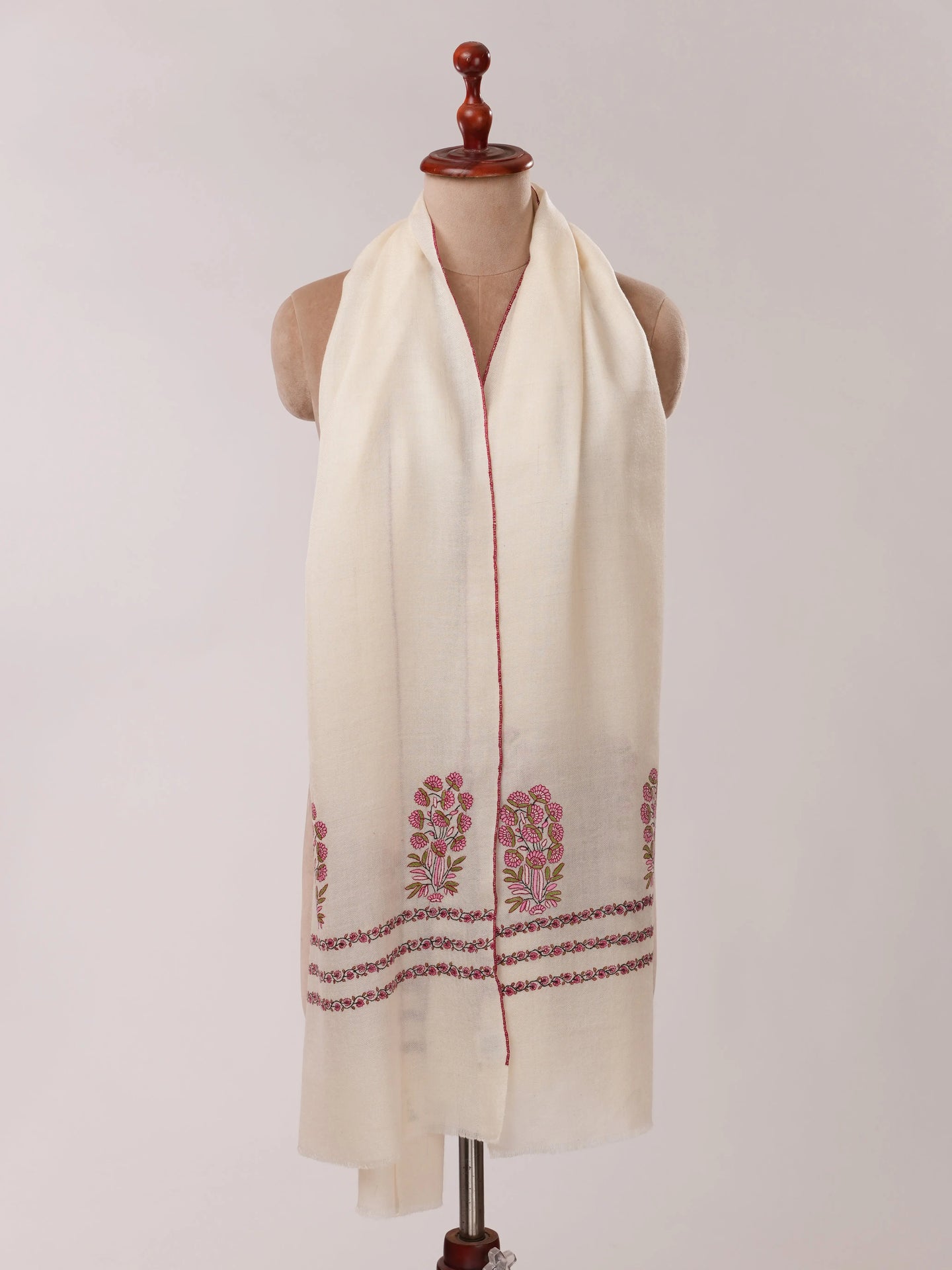 Natural White Cashmere Scarf with Mughal Motif Hand Embroidery Shahkaar.com