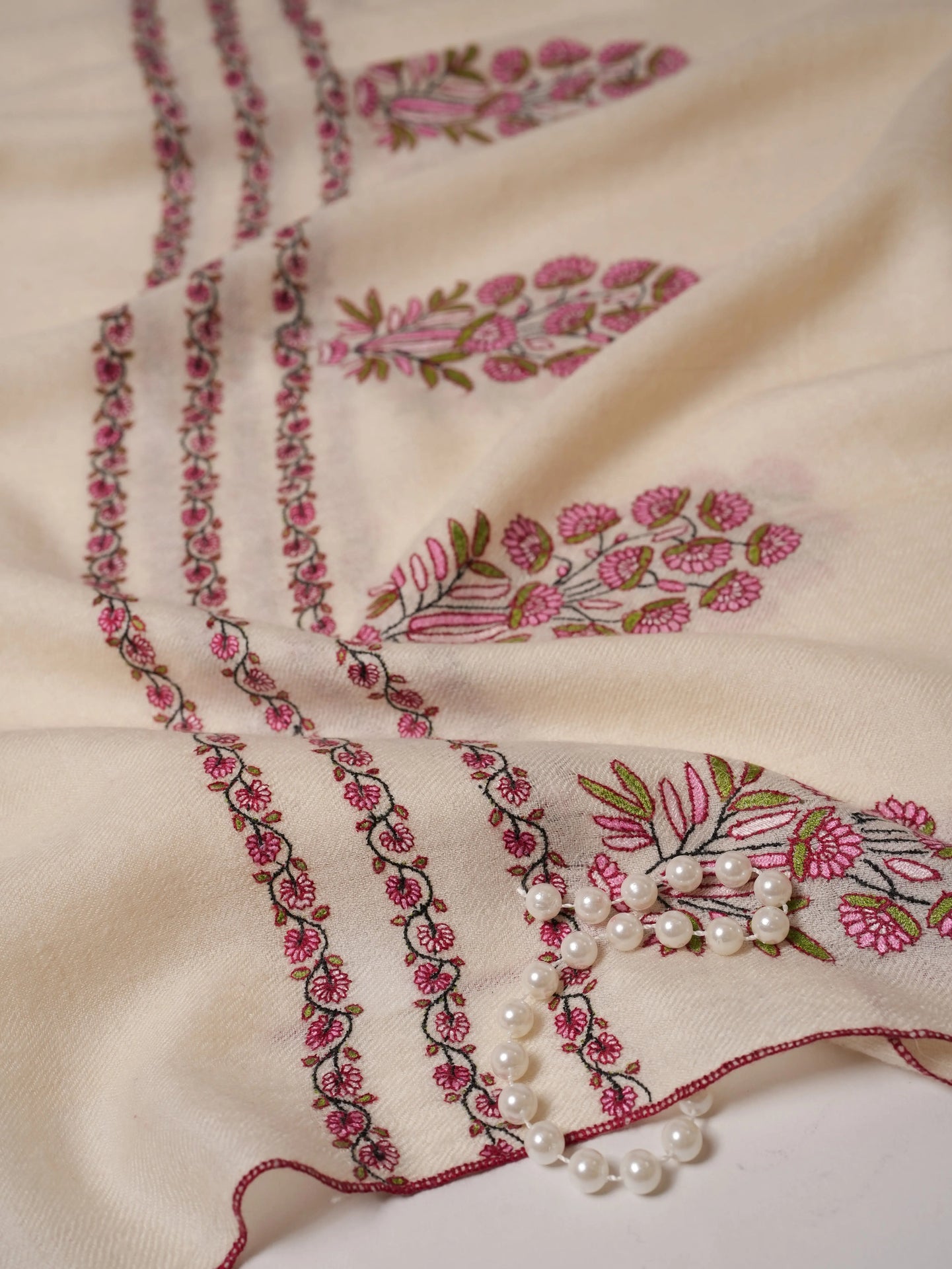 Natural White Cashmere Scarf with Mughal Motif Hand Embroidery Shahkaar.com