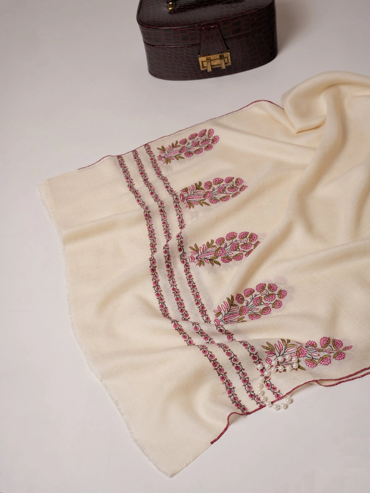 Natural White Cashmere Scarf with Mughal Motif Hand Embroidery Shahkaar.com