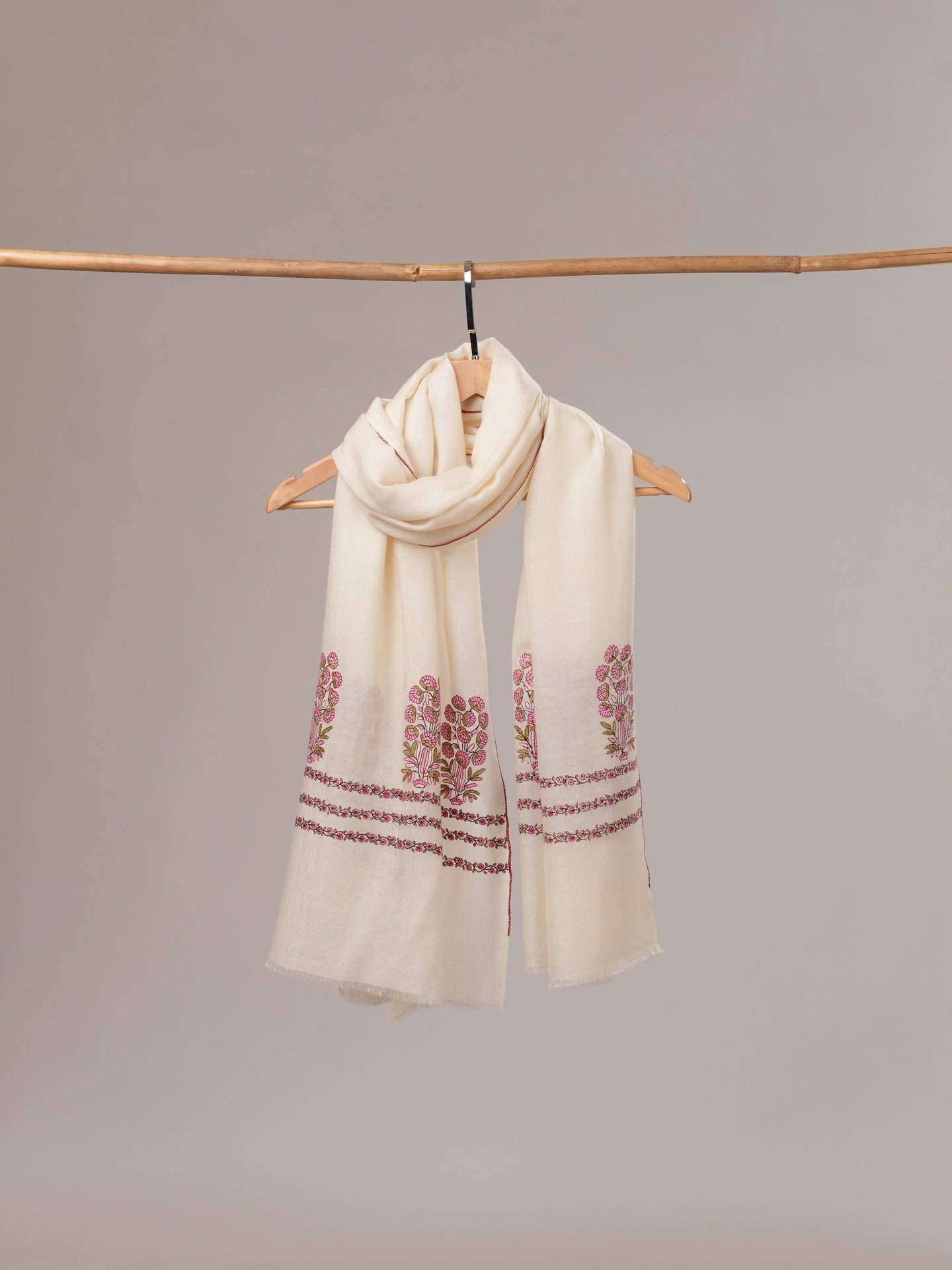 Natural White Cashmere Scarf with Mughal Motif Hand Embroidery Shahkaar.com