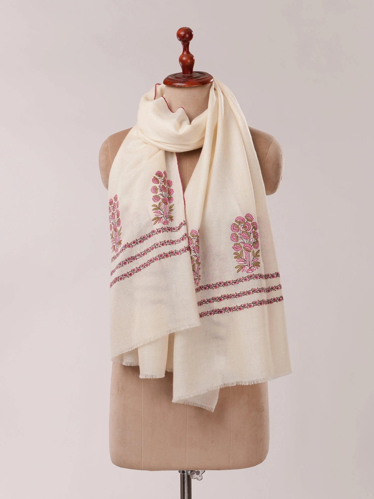 Natural White Cashmere Scarf with Mughal Motif Hand Embroidery Shahkaar.com