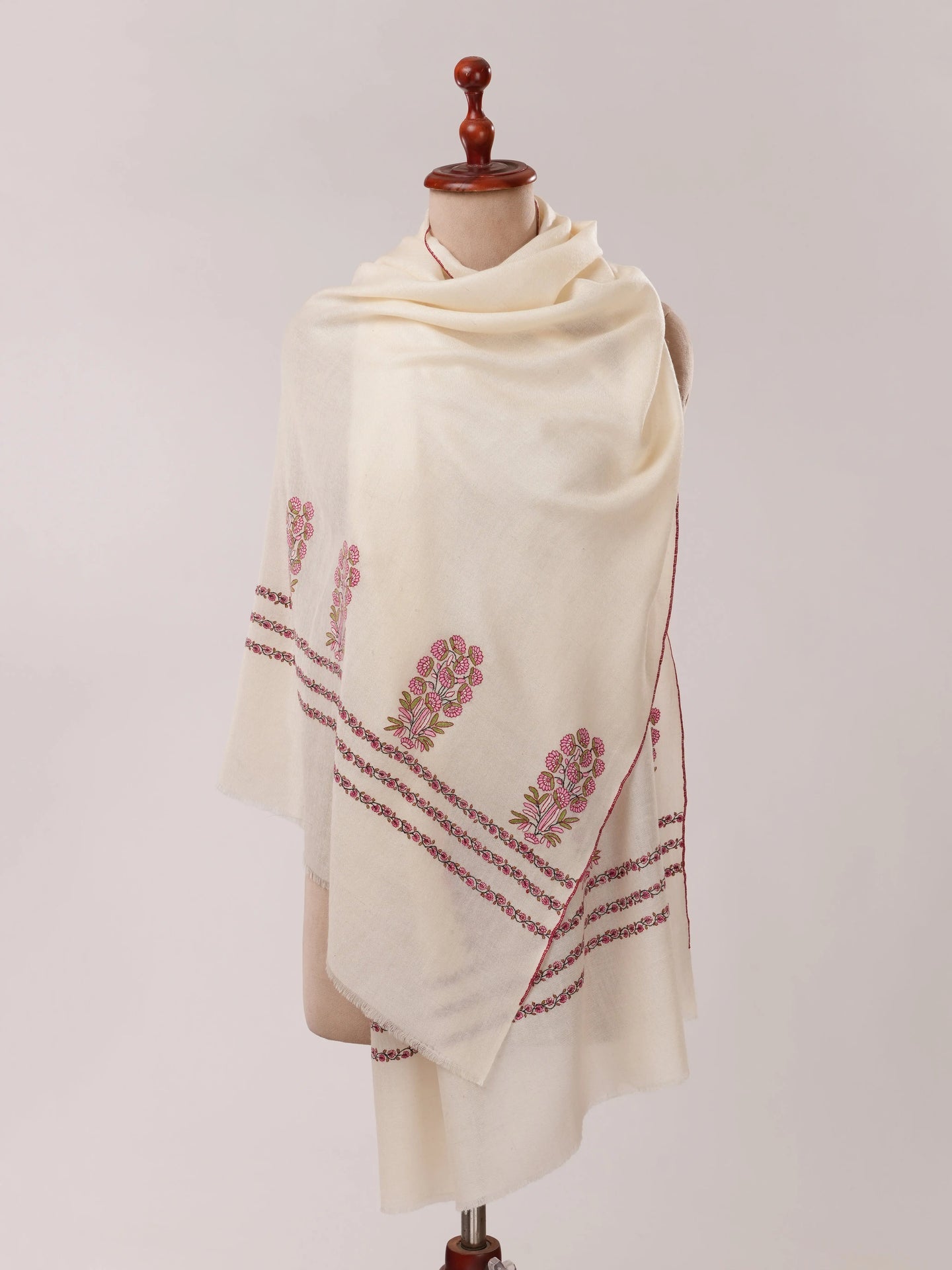 Natural White Cashmere Scarf with Mughal Motif Hand Embroidery Shahkaar.com