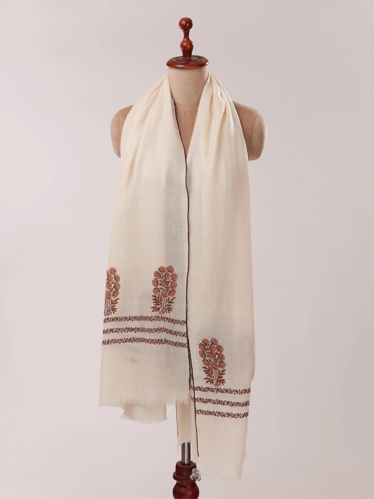 Ivory Baby Soft Cashmere Scarf with Mughal Palla Hand Embroidery Shahkaar.com