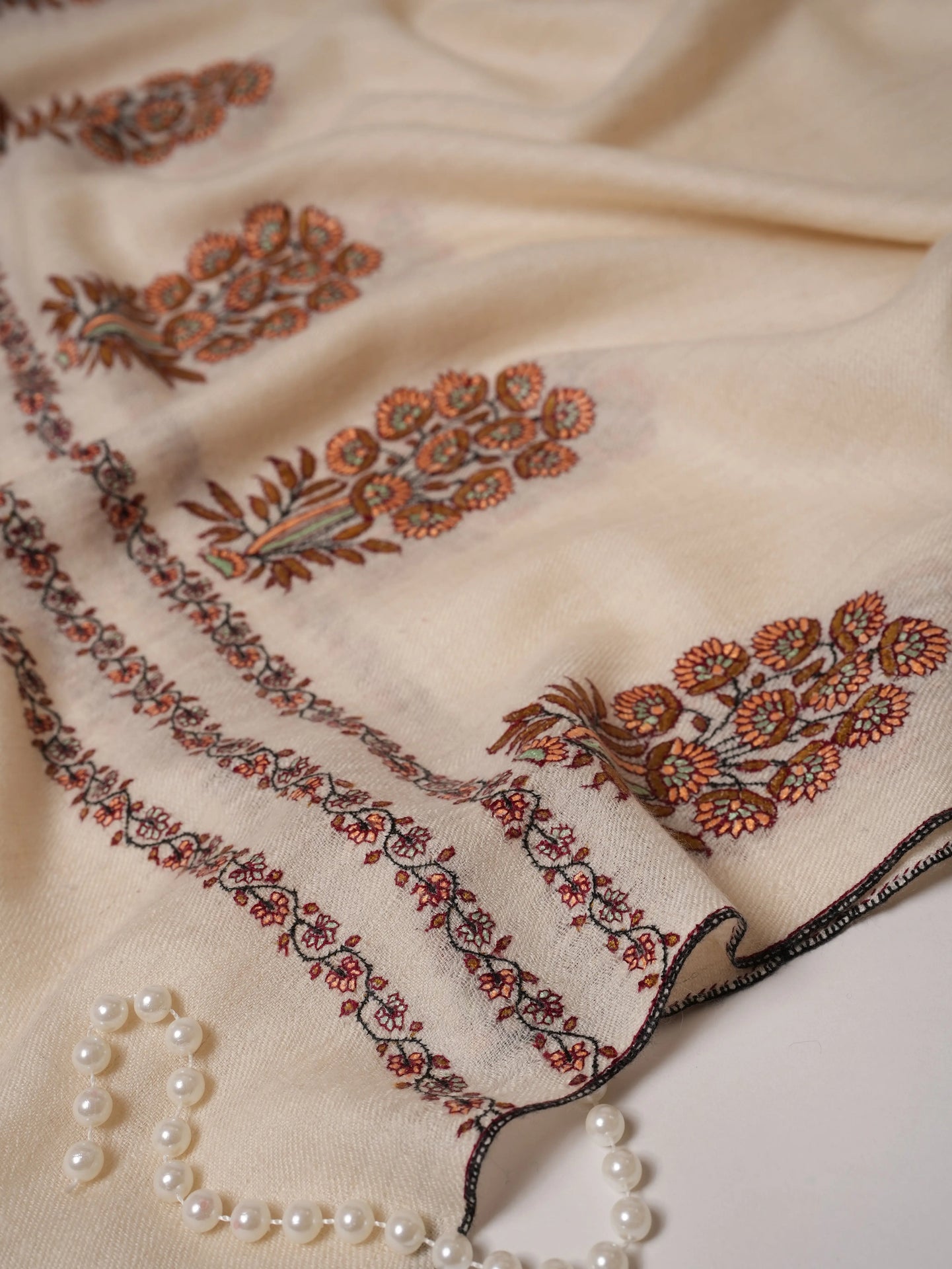 Ivory Baby Soft Cashmere Scarf with Mughal Palla Hand Embroidery Shahkaar.com