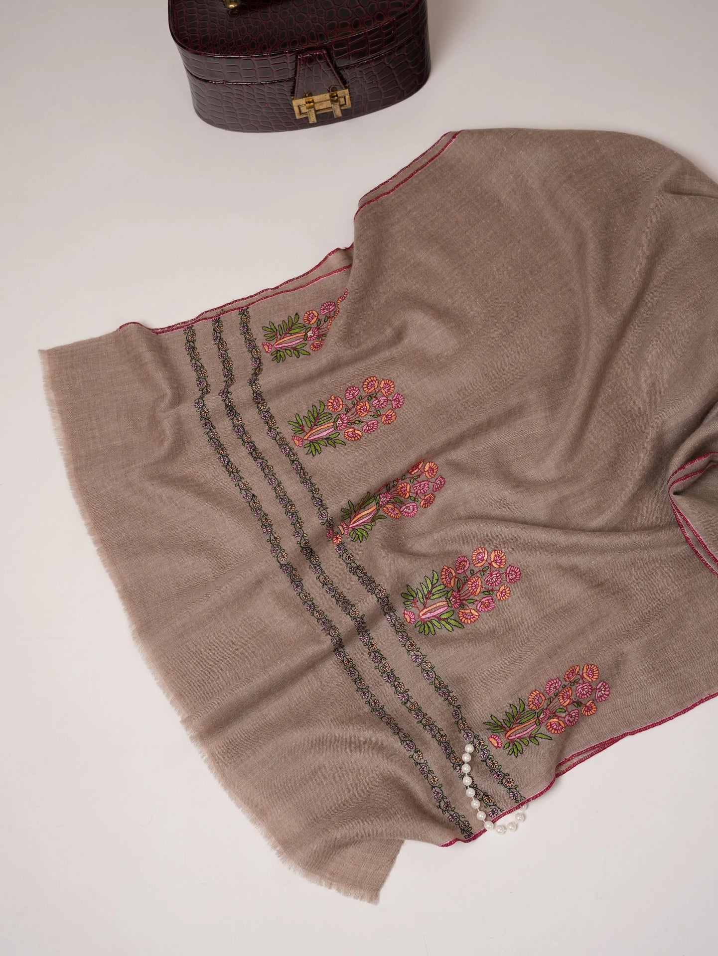 Natural Grey Cashmere Scarf with Palla Mughal Motif Hand Embroidery Shahkaar.com