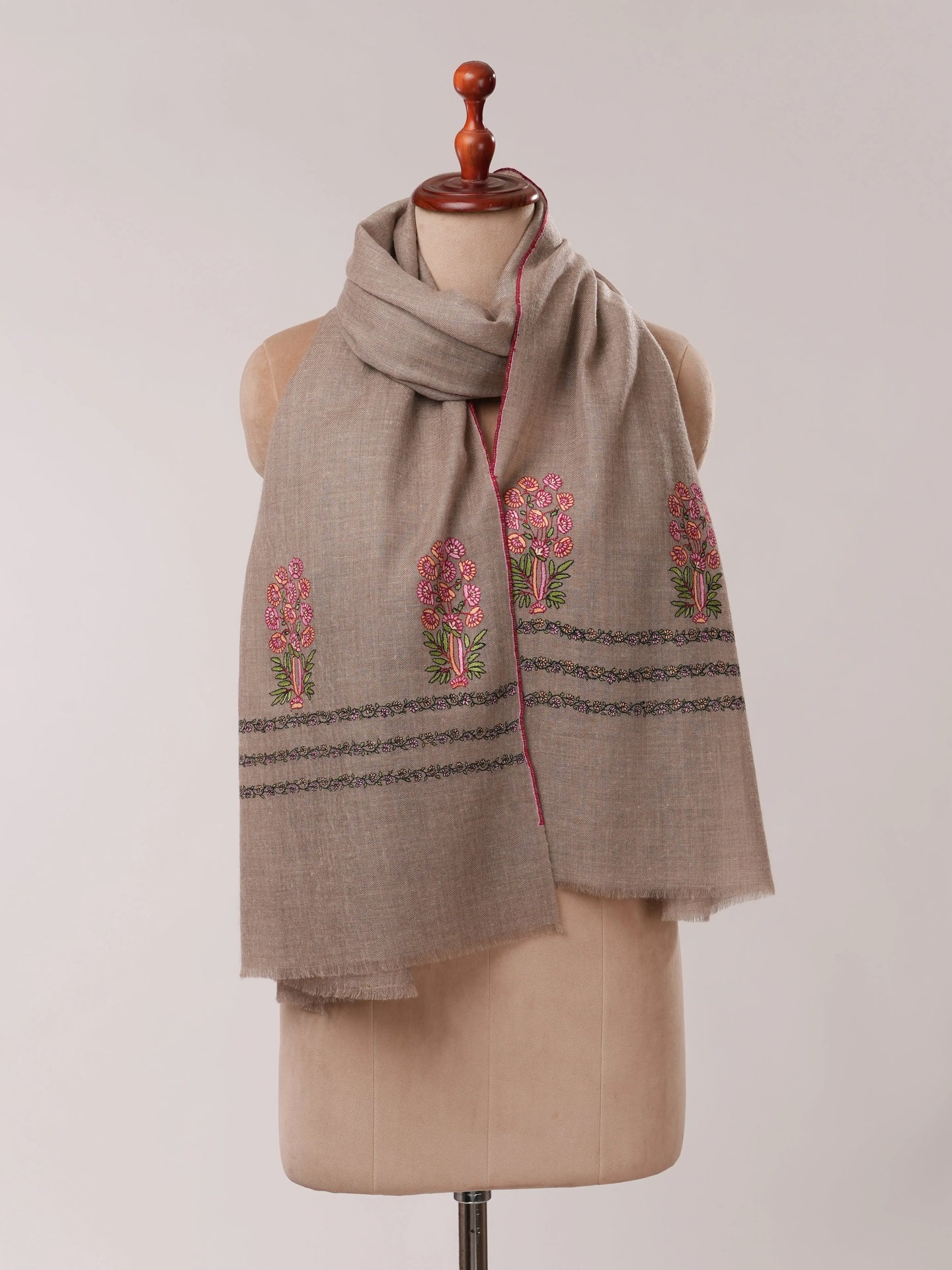 Natural Grey Cashmere Scarf with Palla Mughal Motif Hand Embroidery Shahkaar.com