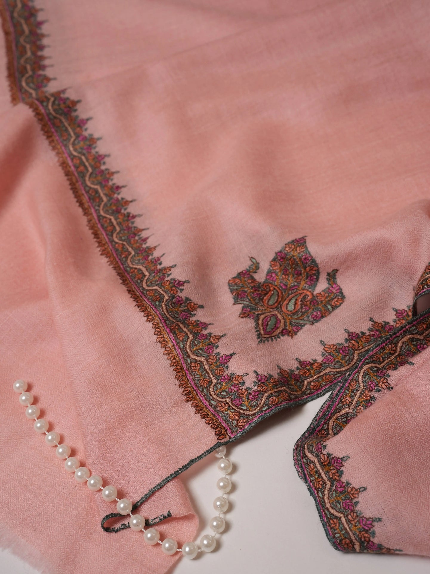 Baby Pink Pashmina Shawl with Classic Hashia Hand Embroidery Shahkaar.com