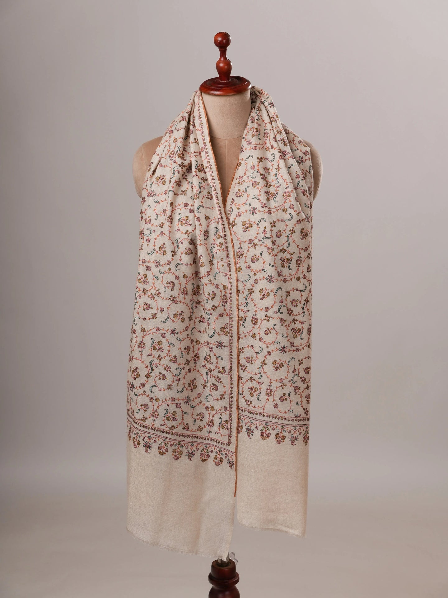 Ivory All Over Jali Hand Embroidered Pure Pashmina Shawl Shahkaar Global