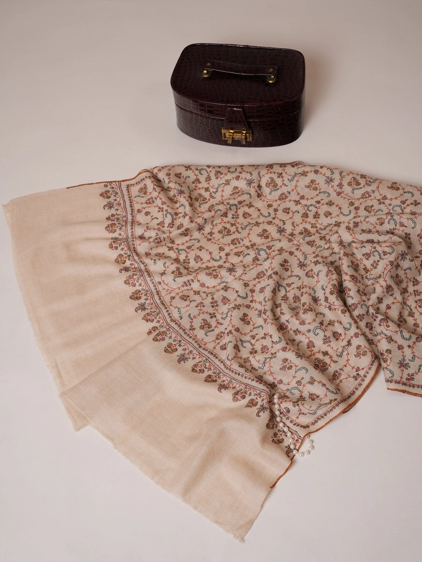 Ivory All Over Jali Hand Embroidered Pure Pashmina Shawl Shahkaar Global