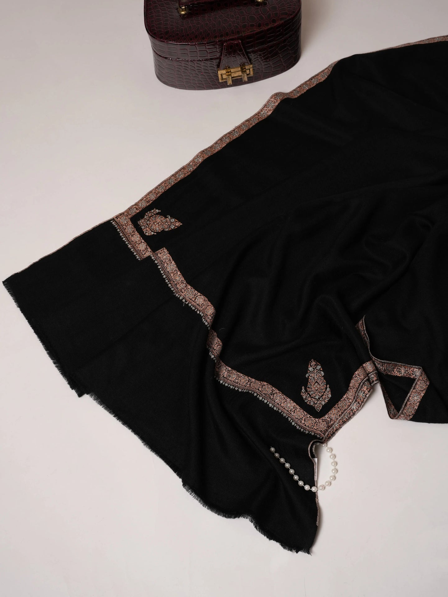 Black Pashmina Shawl with Hashia Hand Embroidery Shahkaar.com