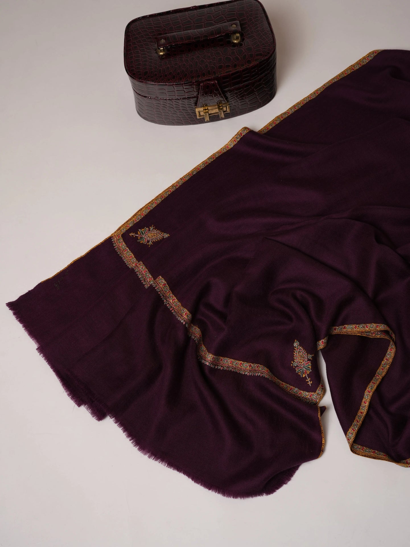 Plum Handwoven Pashmina Shawl with Detailed Hand Embroidery Shahkaar.com