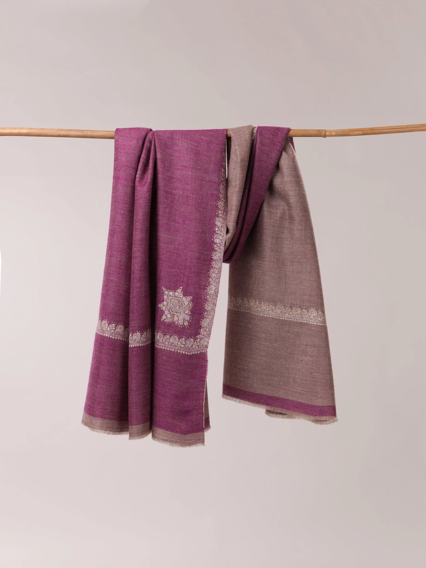 Dual Tone Handwoven Pashmina Shawl with Hashia Hand Embroidery Shahkaar.com