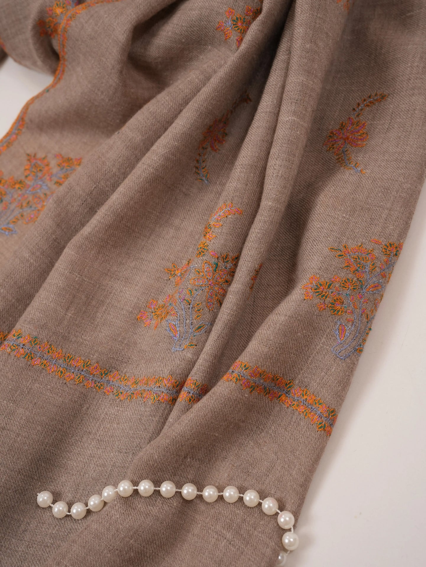 Natural Taupe Baby Soft Pashmina Shawl with Sozni Buteh Embroidery Shahkaar.com