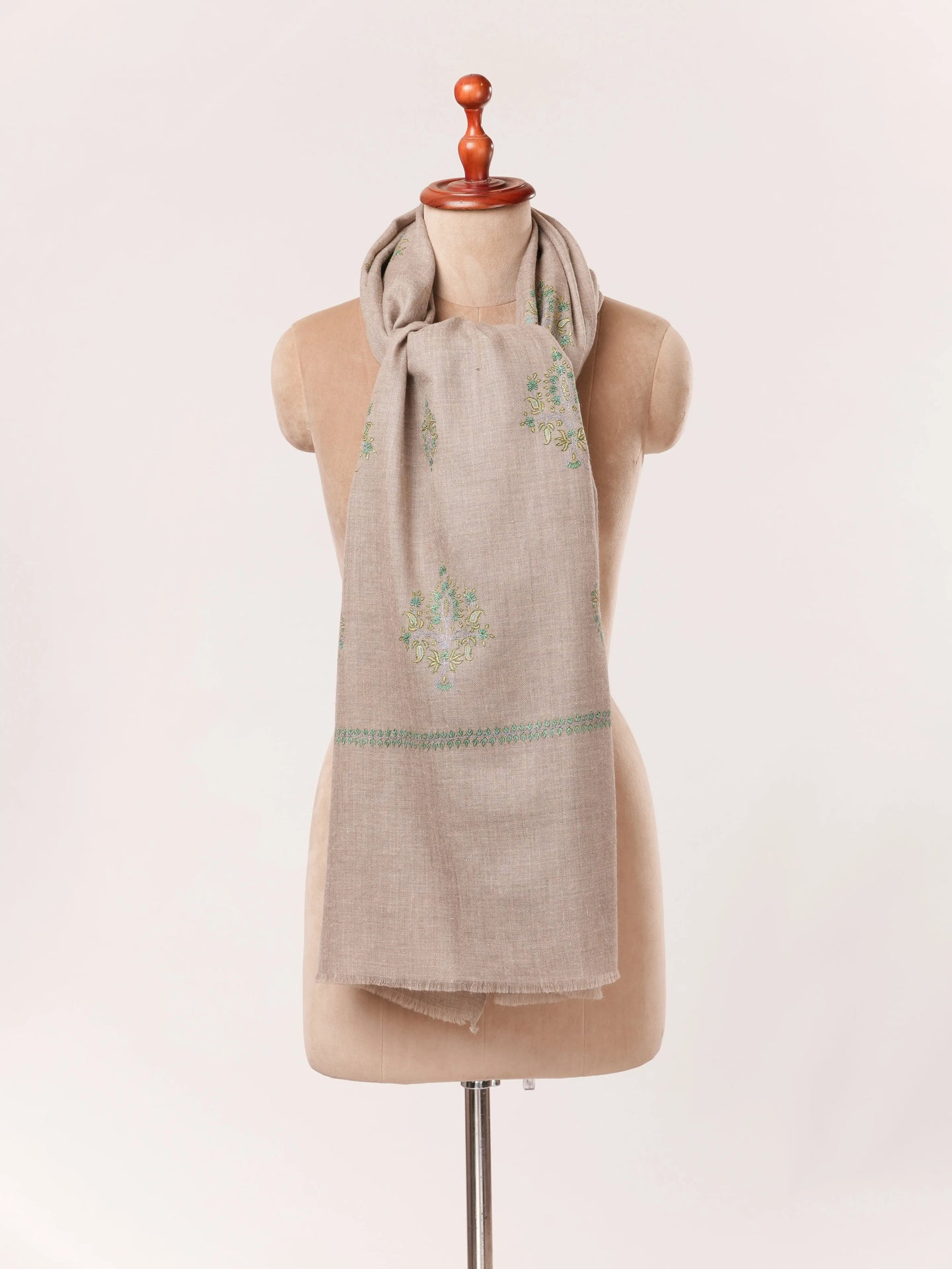 Kashmiri Baildar Buteh Sozni Embroidered Taupe Handwoven Pashmina Shawl Shahkaar.com
