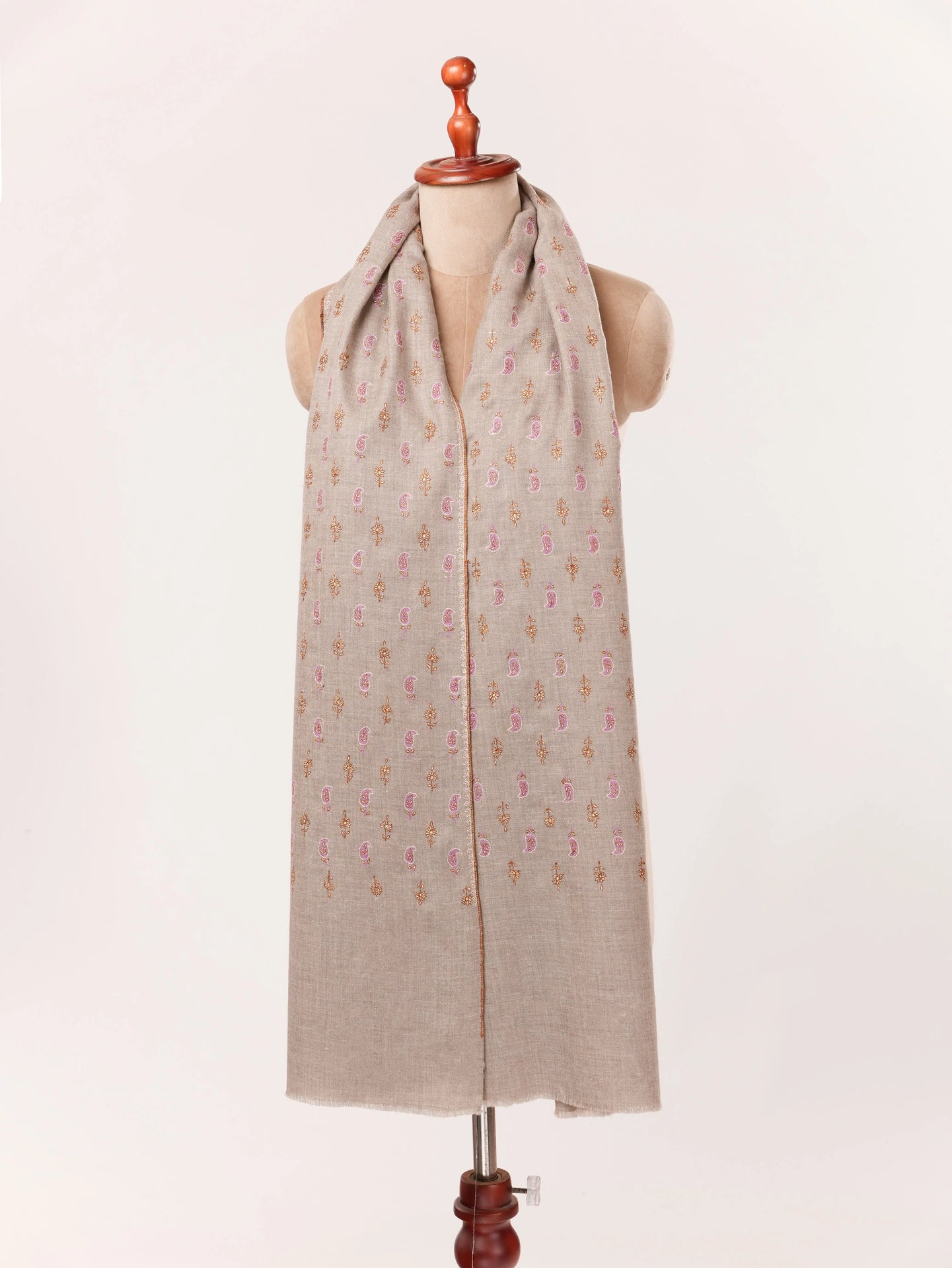 Paisley Floral Buteh Sozni Work Shawl in Beige Taupe Pure Pashmina from Kashmir Shahkaar.com
