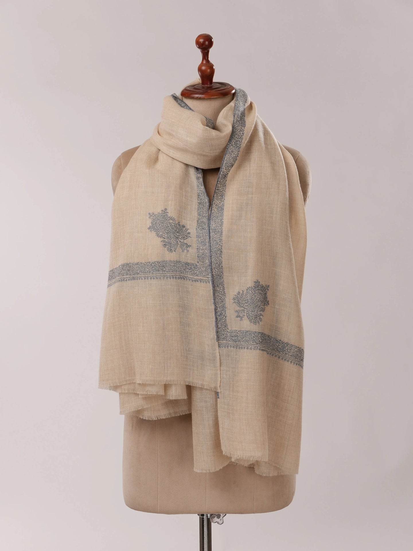 Off White Handwoven Pashmina Shawl with Border Hand Embroidery Shahkaar.com