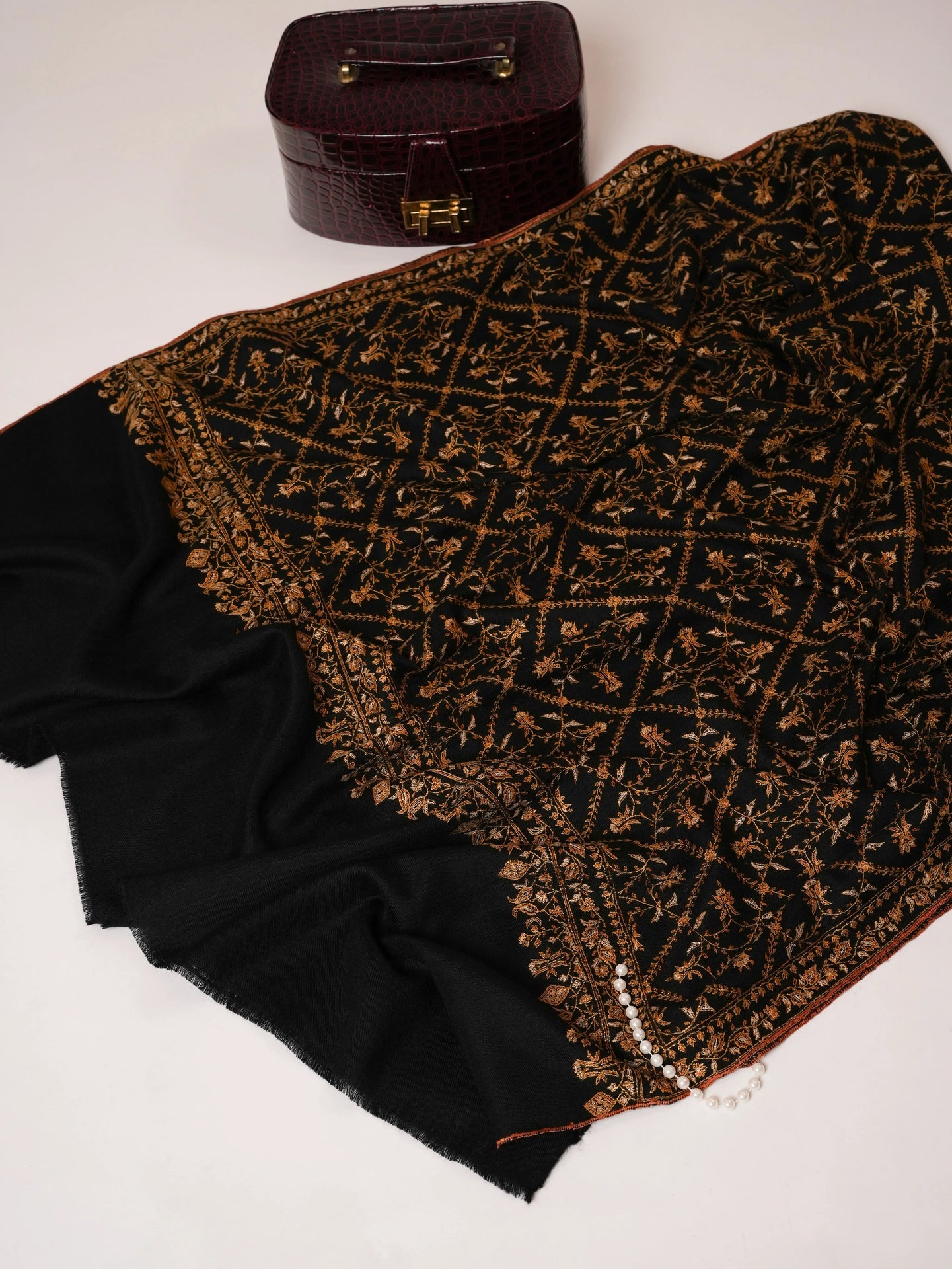 Black Pure Pashmina Shawl with Gold Hand Embroidery Shahkaar Global
