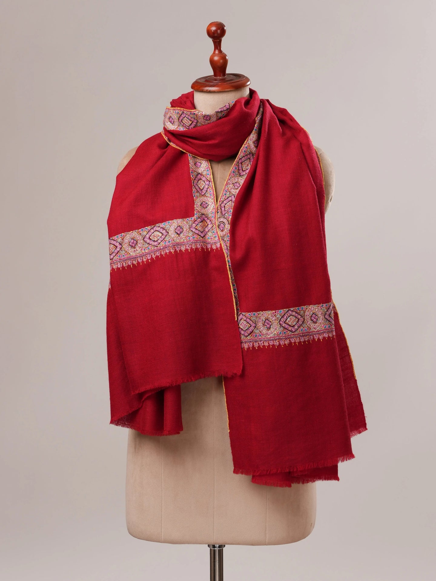 Red Neemdaur Hand Embroidered Cashmere Scarf Shahkaar.com