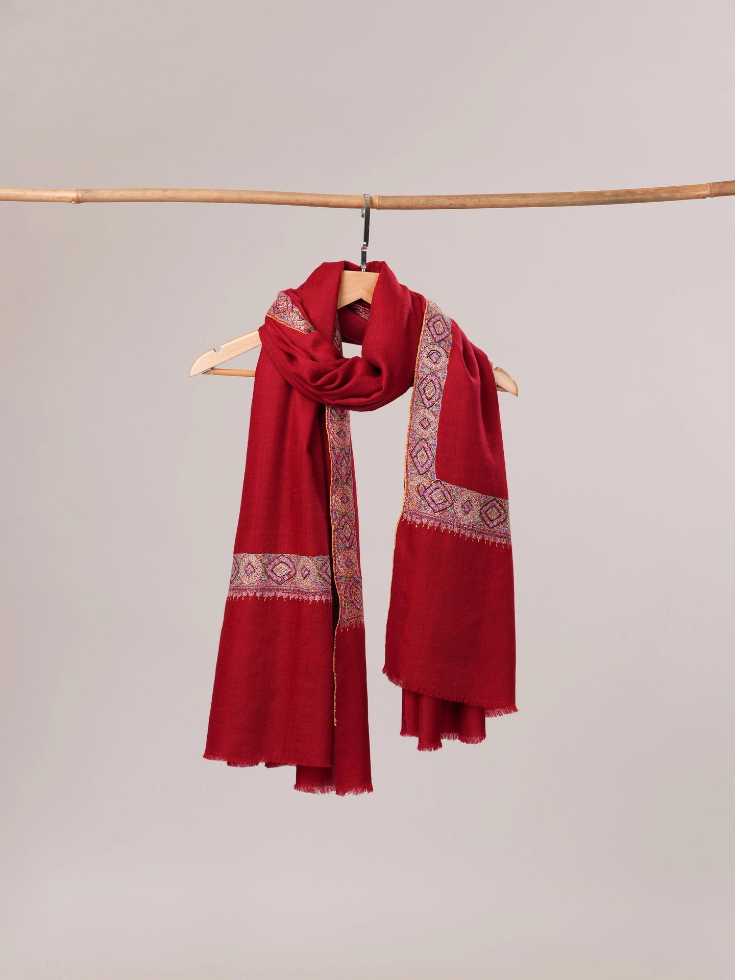 Red Neemdaur Hand Embroidered Cashmere Scarf Shahkaar.com