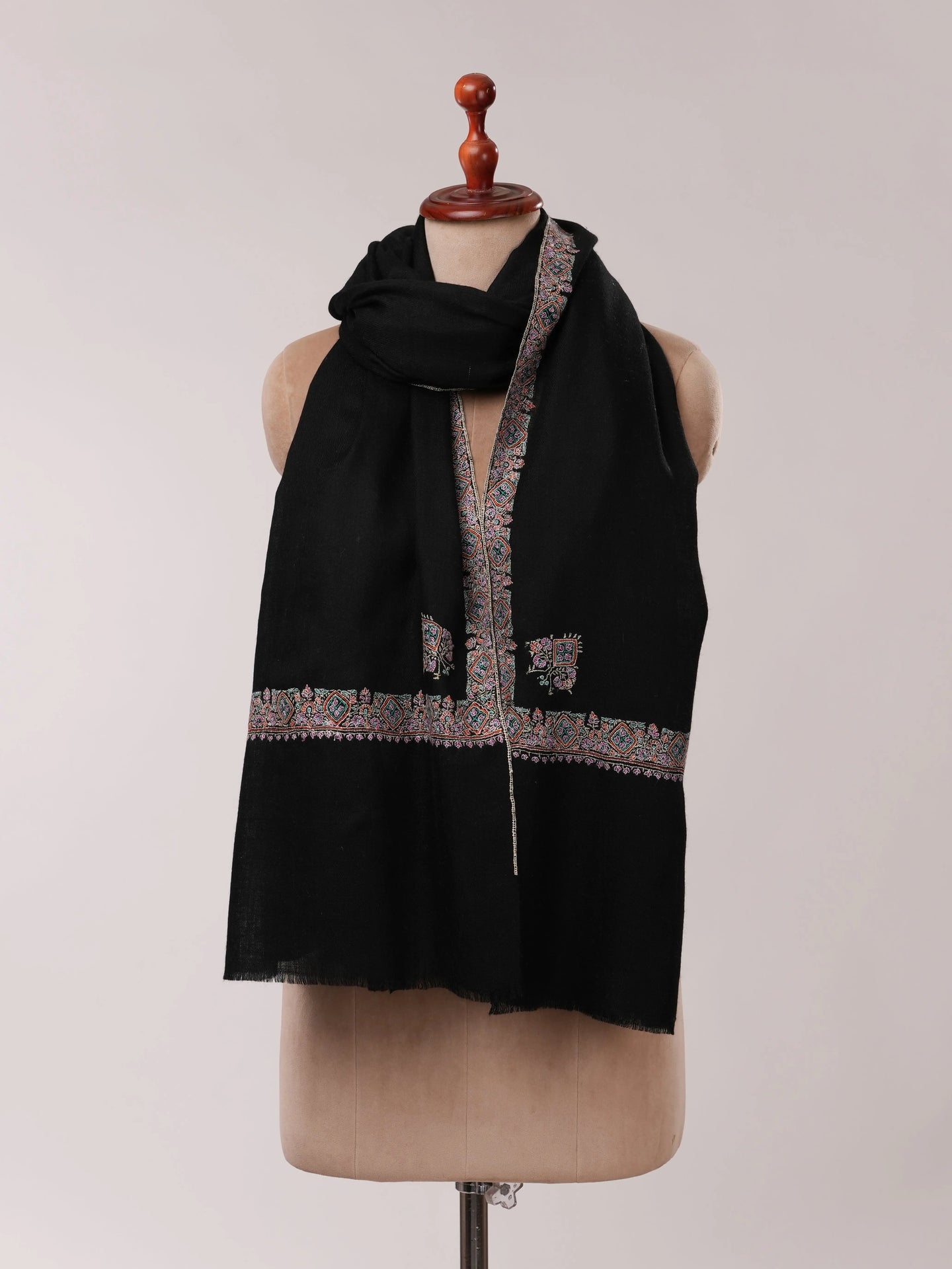 Black Soft Pashmina Shawl with Hashia Sozni Hand Embroidery Shahkaar.com