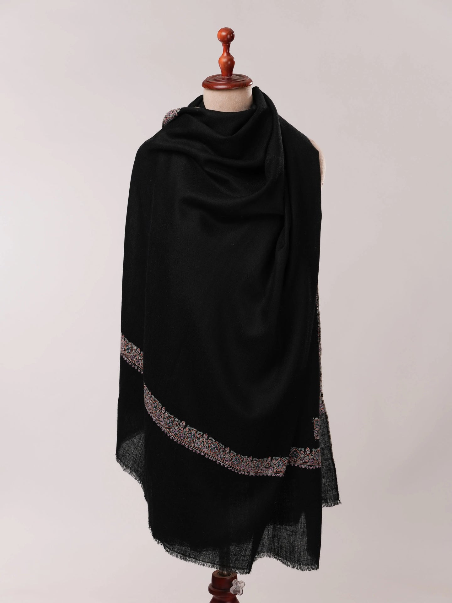 Black Soft Pashmina Shawl with Hashia Sozni Hand Embroidery Shahkaar.com