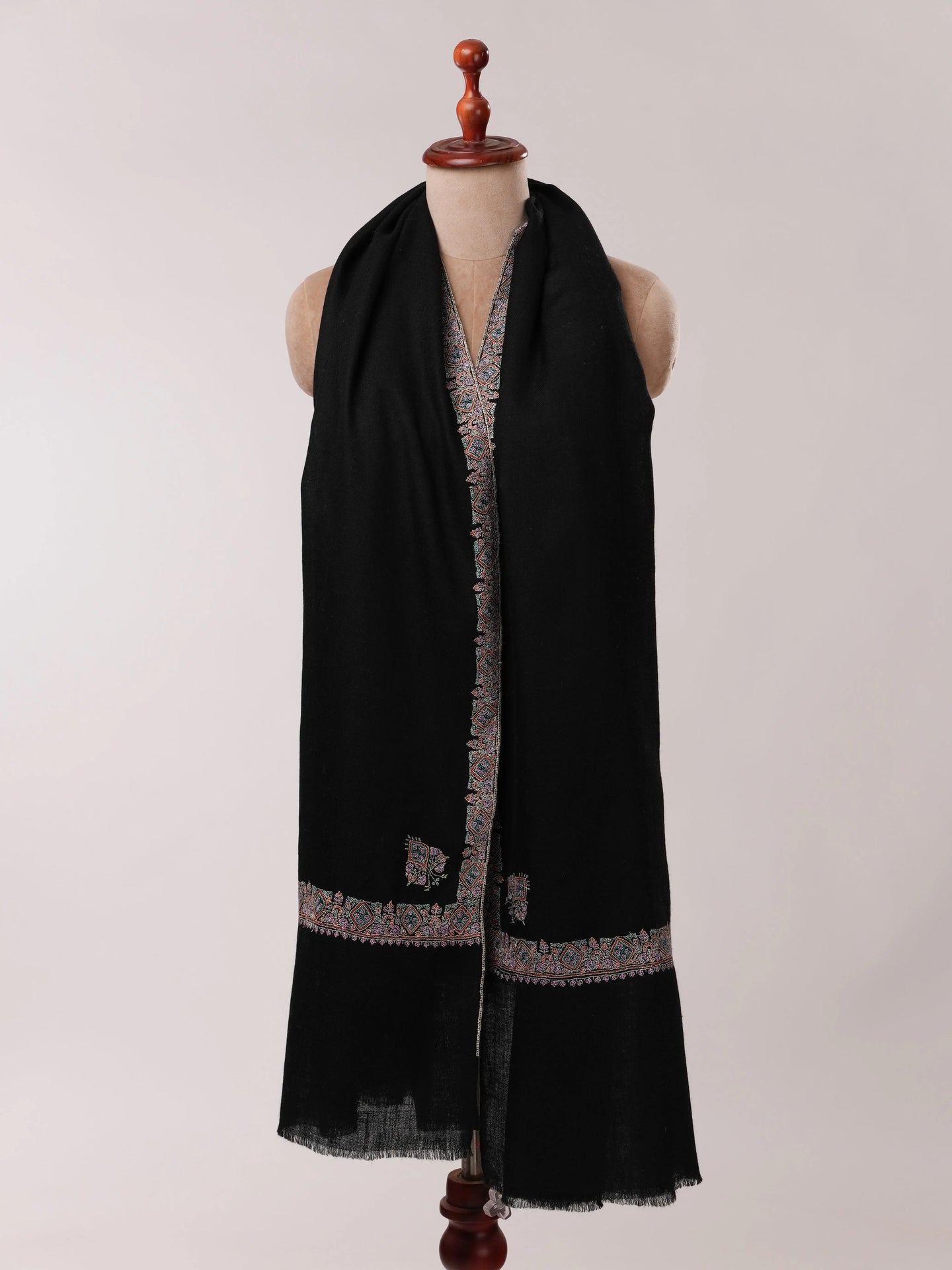 Black Soft Pashmina Shawl with Hashia Sozni Hand Embroidery Shahkaar.com