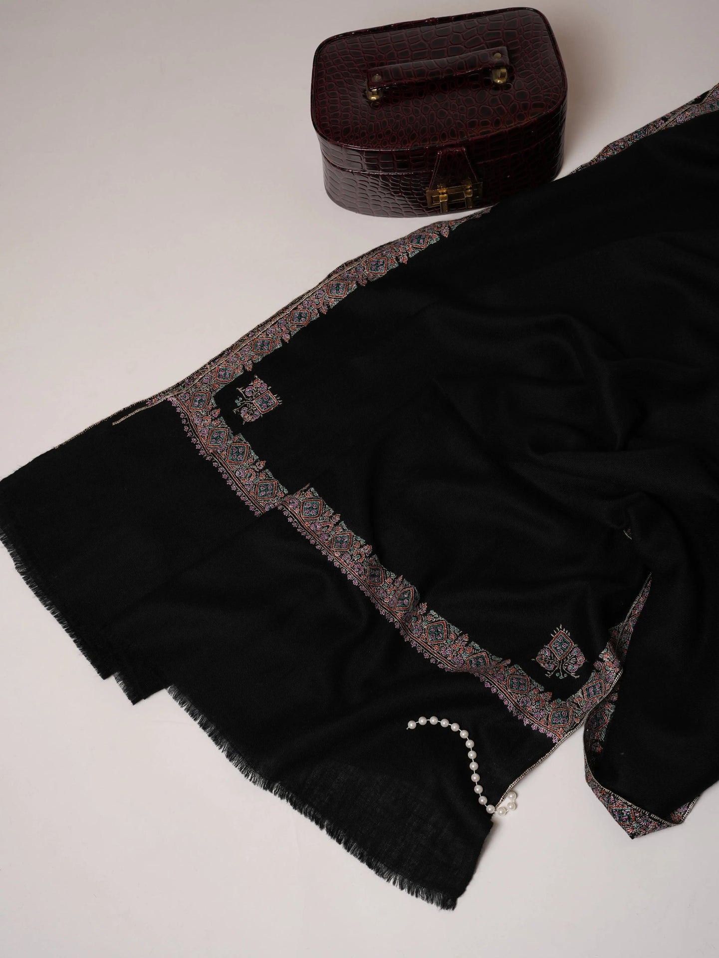 Black Soft Pashmina Shawl with Hashia Sozni Hand Embroidery Shahkaar.com