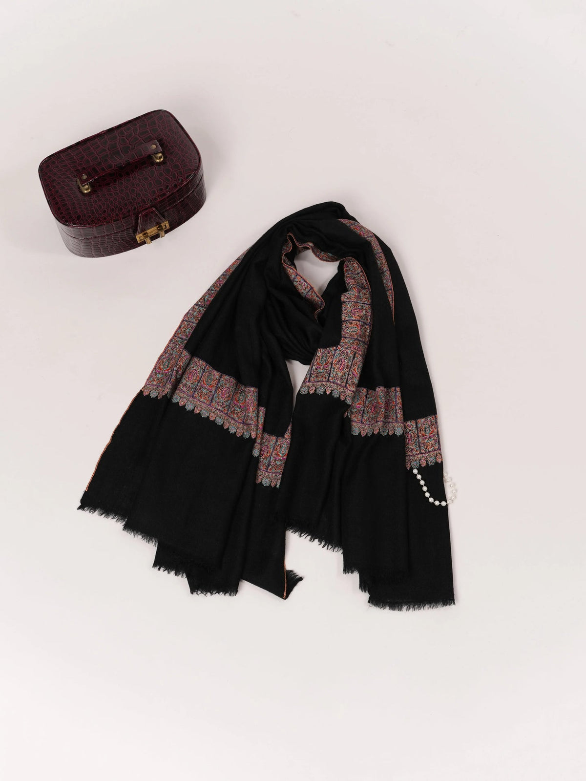 HandSpun Handwoven Neemdaur Black Pashmina Shawl with Kashmiri Hand Embroidery Shahkaar.com