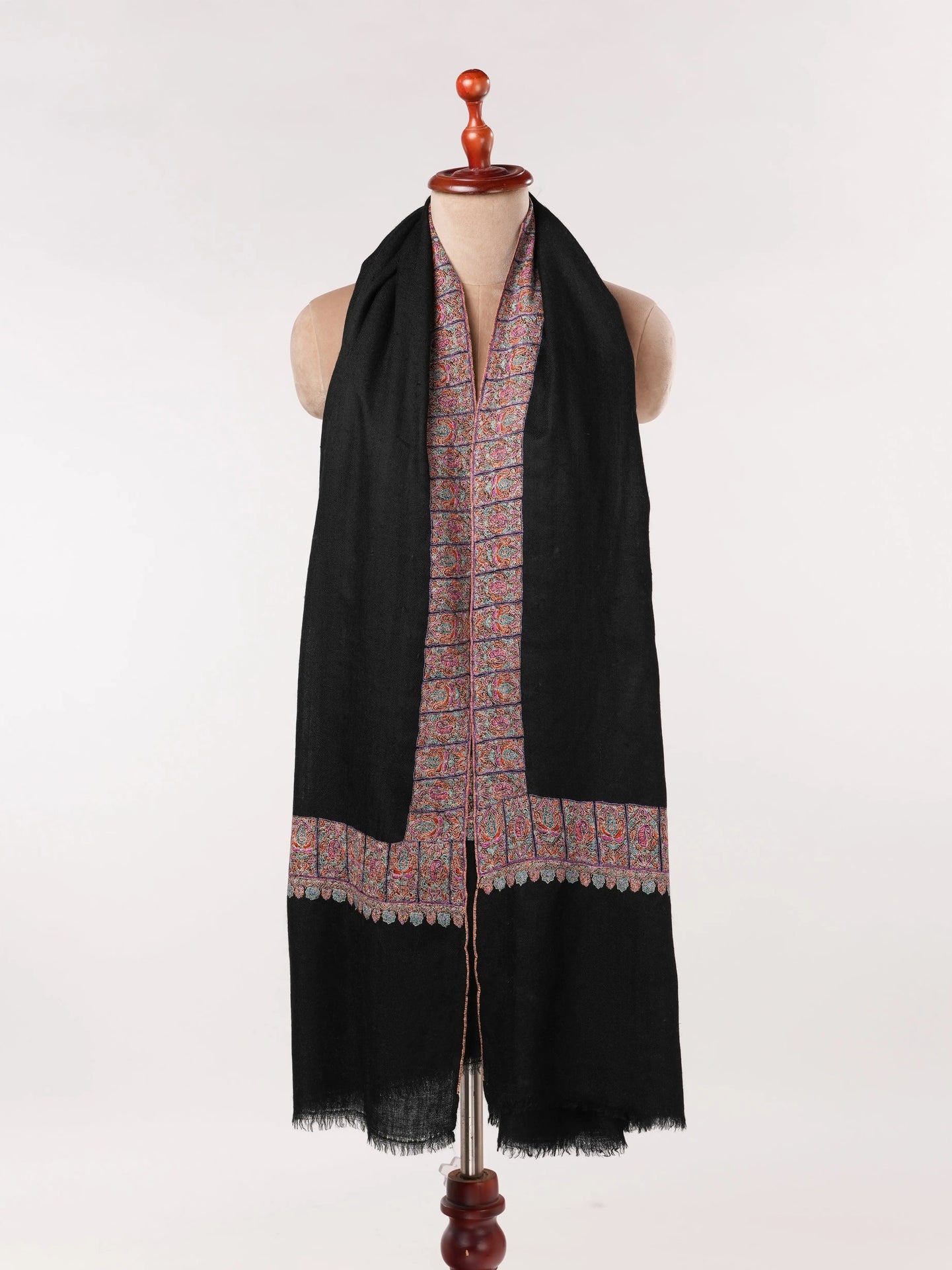HandSpun Handwoven Neemdaur Black Pashmina Shawl with Kashmiri Hand Embroidery Shahkaar.com
