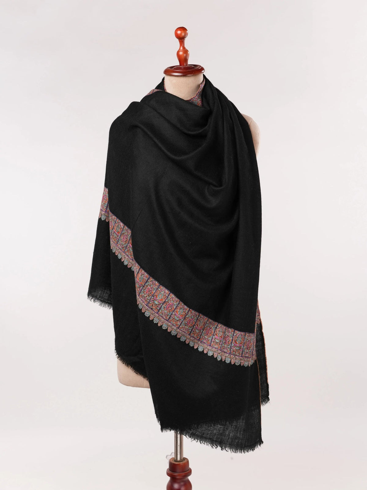 HandSpun Handwoven Neemdaur Black Pashmina Shawl with Kashmiri Hand Embroidery Shahkaar.com