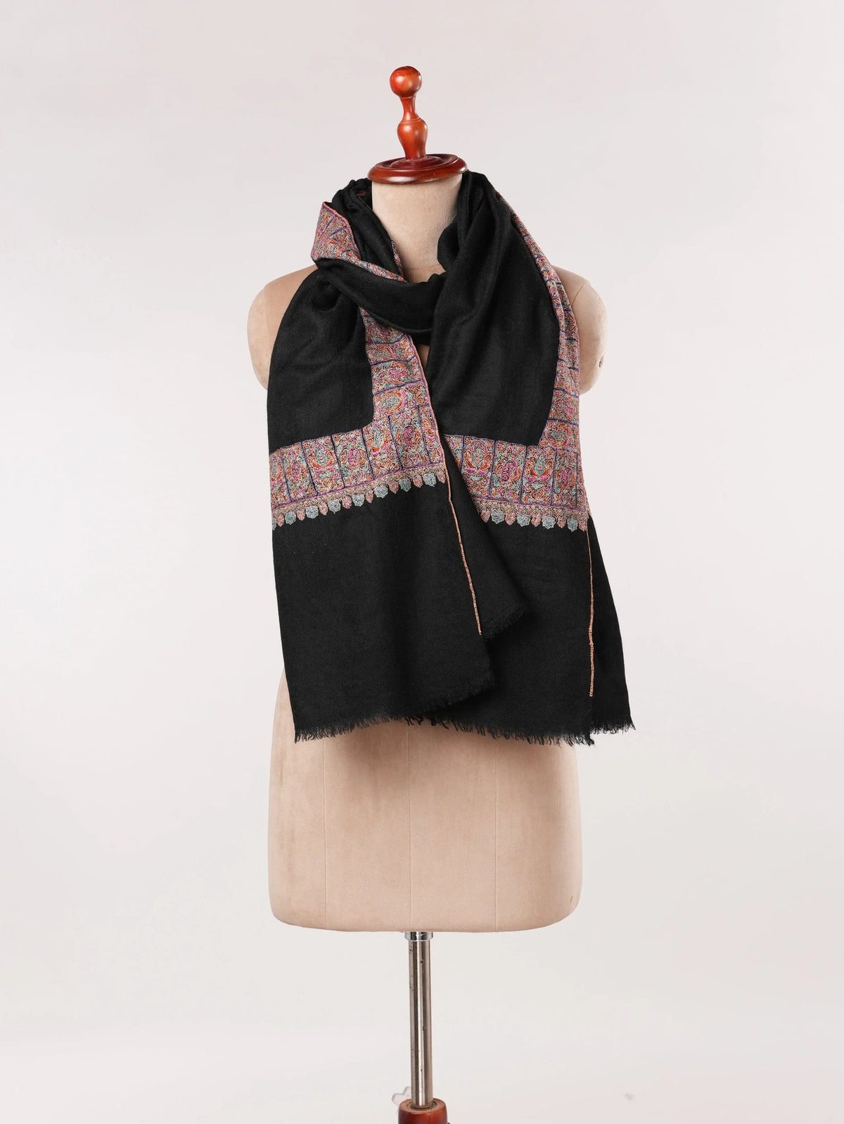 HandSpun Handwoven Neemdaur Black Pashmina Shawl with Kashmiri Hand Embroidery Shahkaar.com