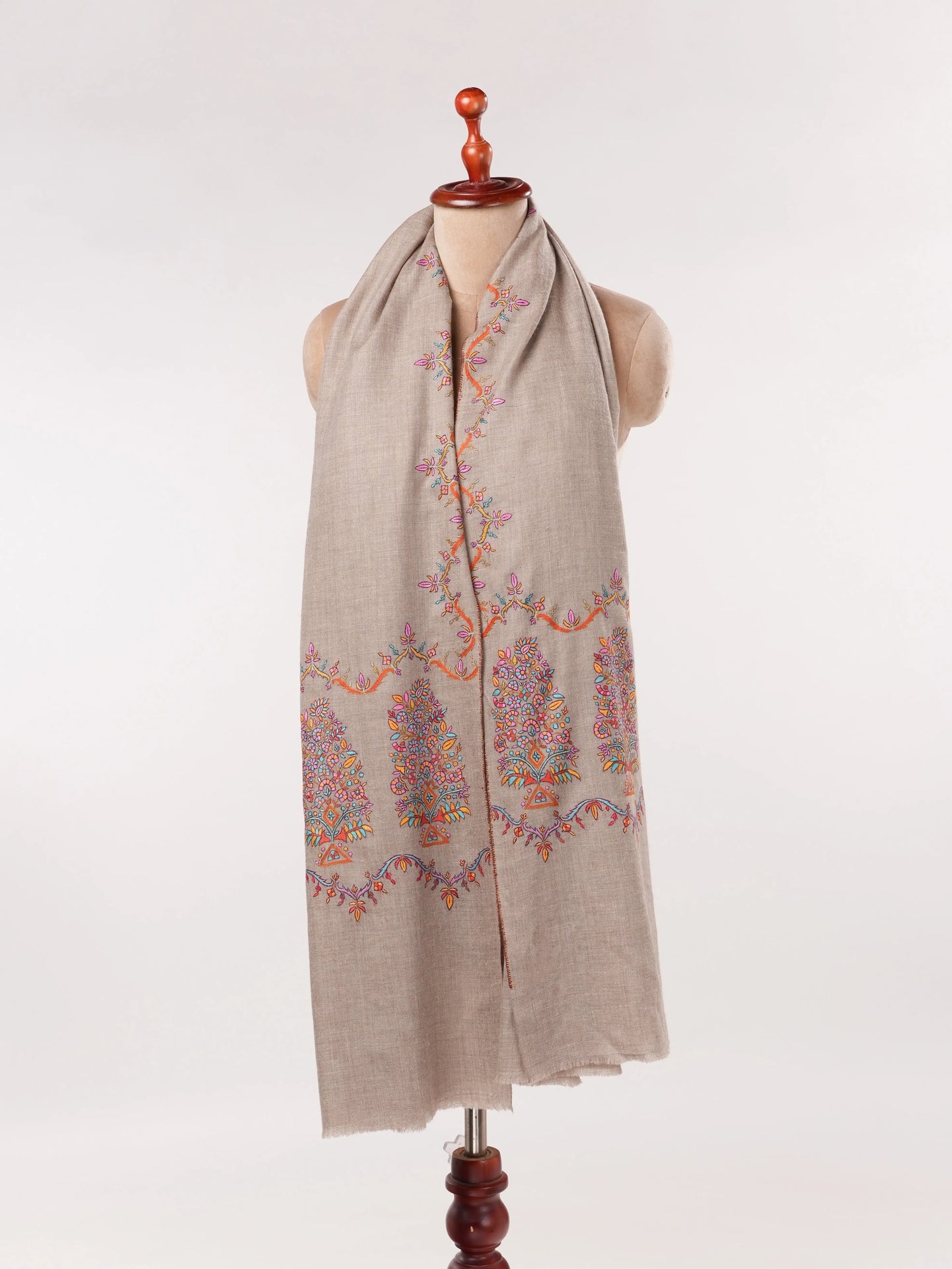Natural Taupe Palldar Pashmina Handwoven Shawl with Delicate Sozni Embroidery Shahkaar.com