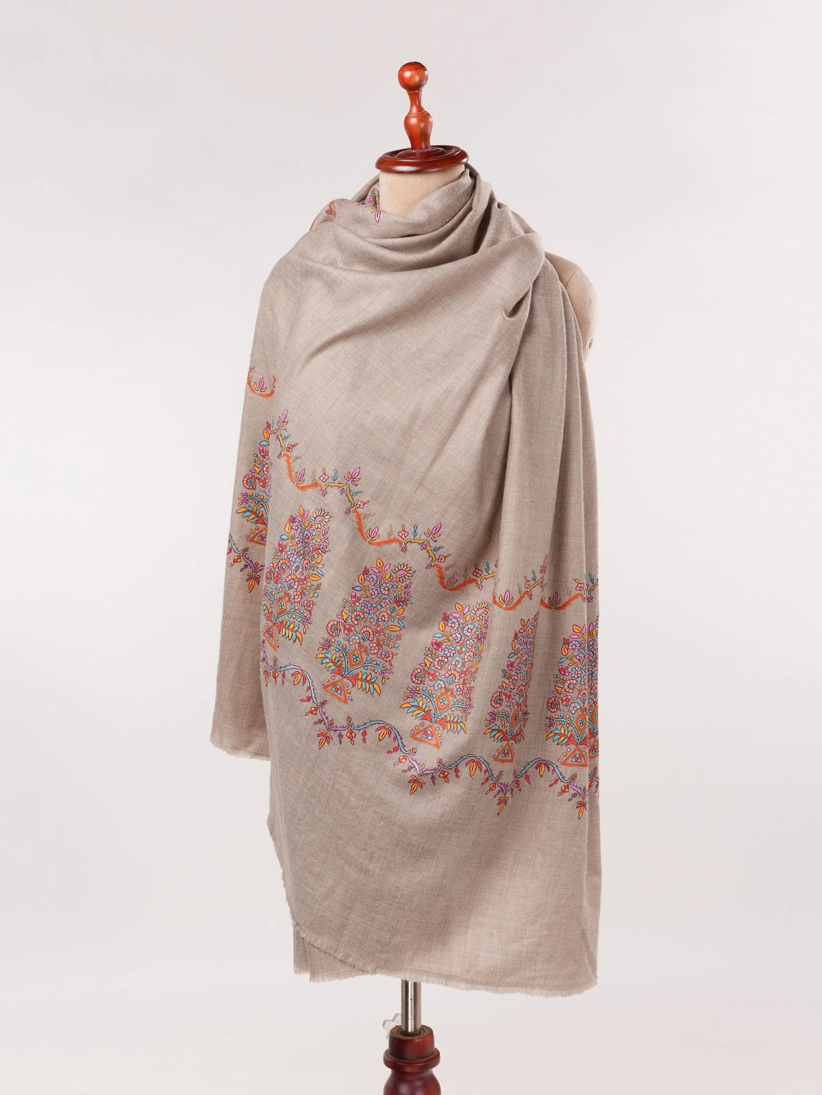 Natural Taupe Palldar Pashmina Handwoven Shawl with Delicate Sozni Embroidery Shahkaar.com