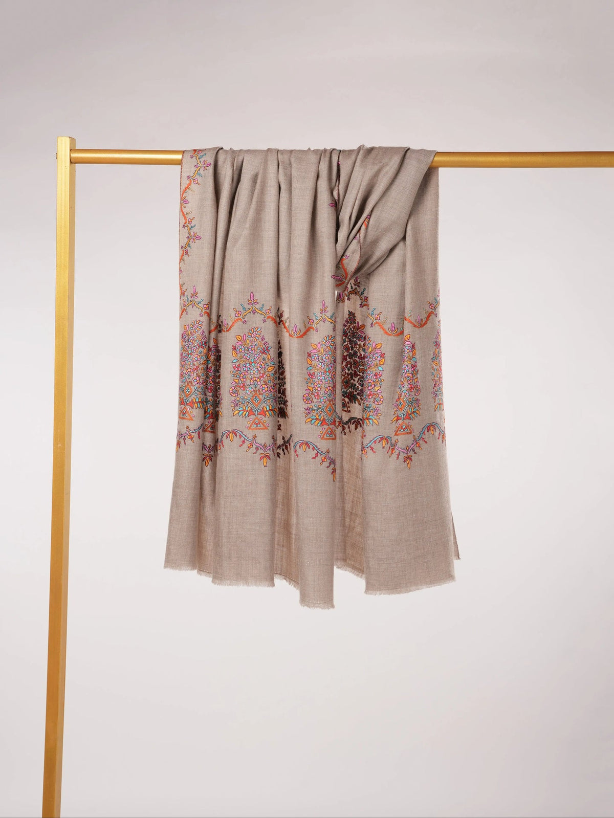 Natural Taupe Palldar Pashmina Handwoven Shawl with Delicate Sozni Embroidery Shahkaar.com